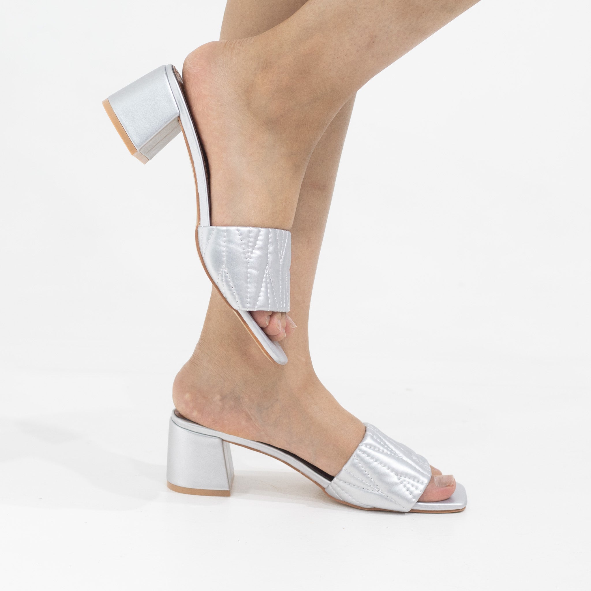 Silver 5.5cm block heel weaved slides fairy