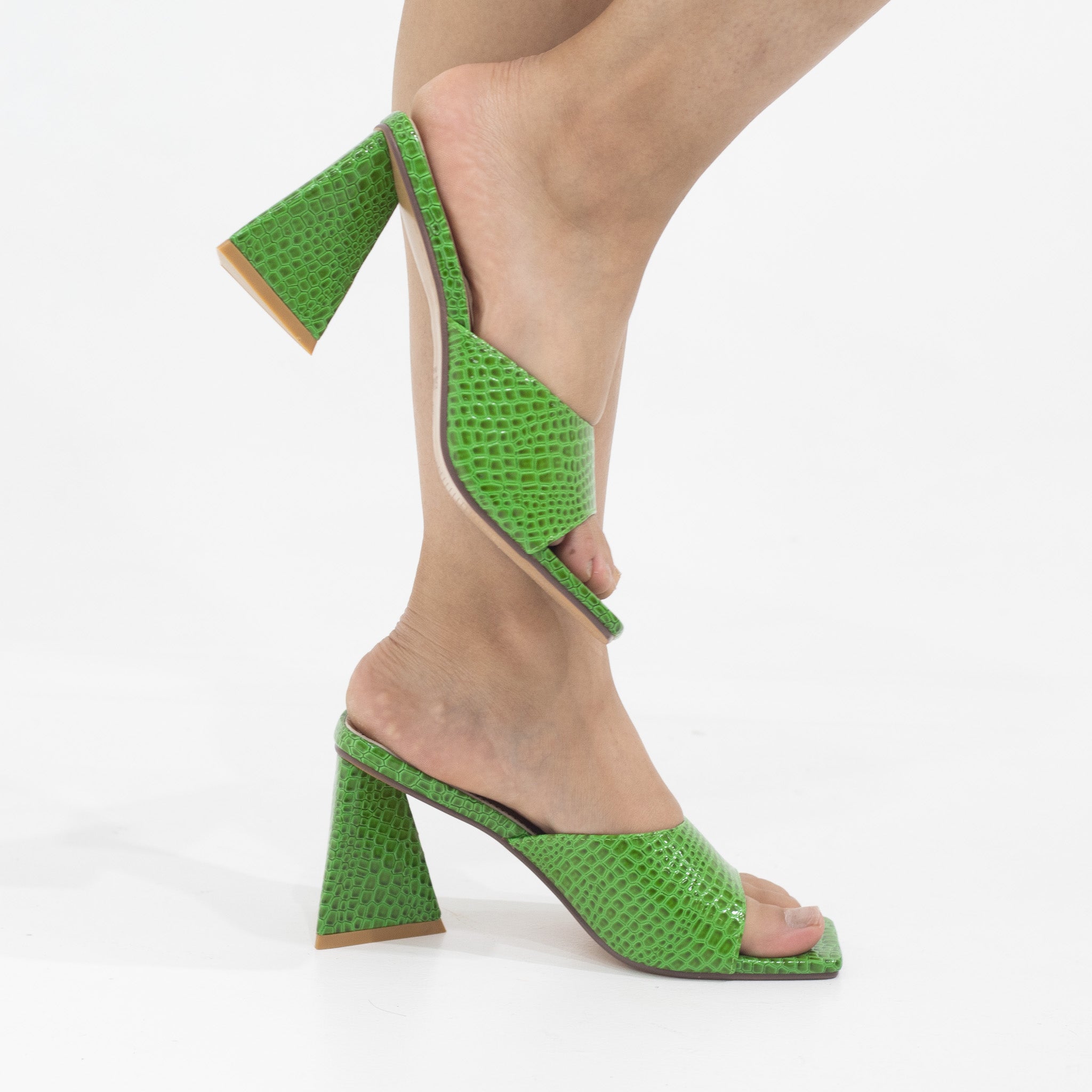 Green one band croc slide on 8cm heel feray