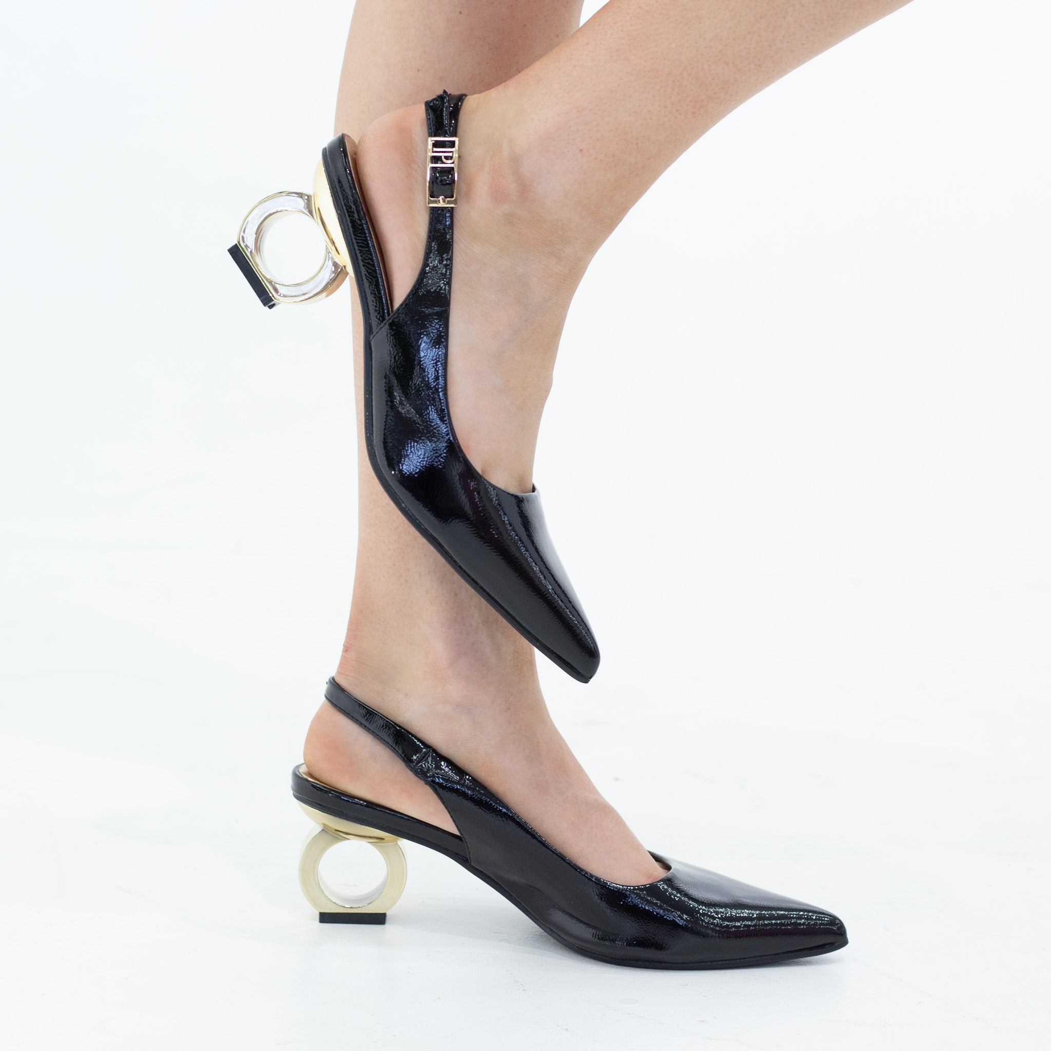 Black 6cm circ heel pointy pat sling back pumps izel