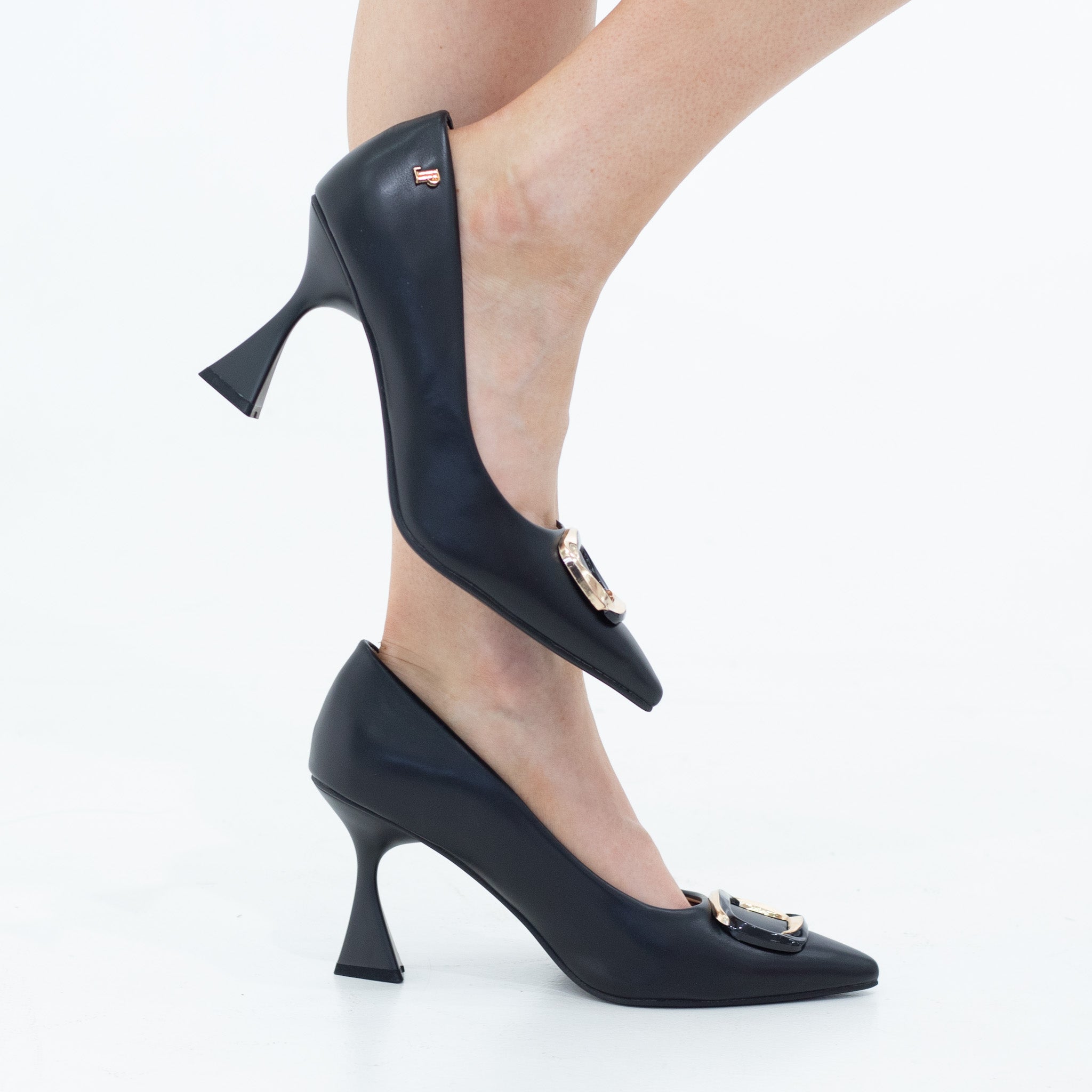Black 9cm heel pointy PU court with square trim binita
