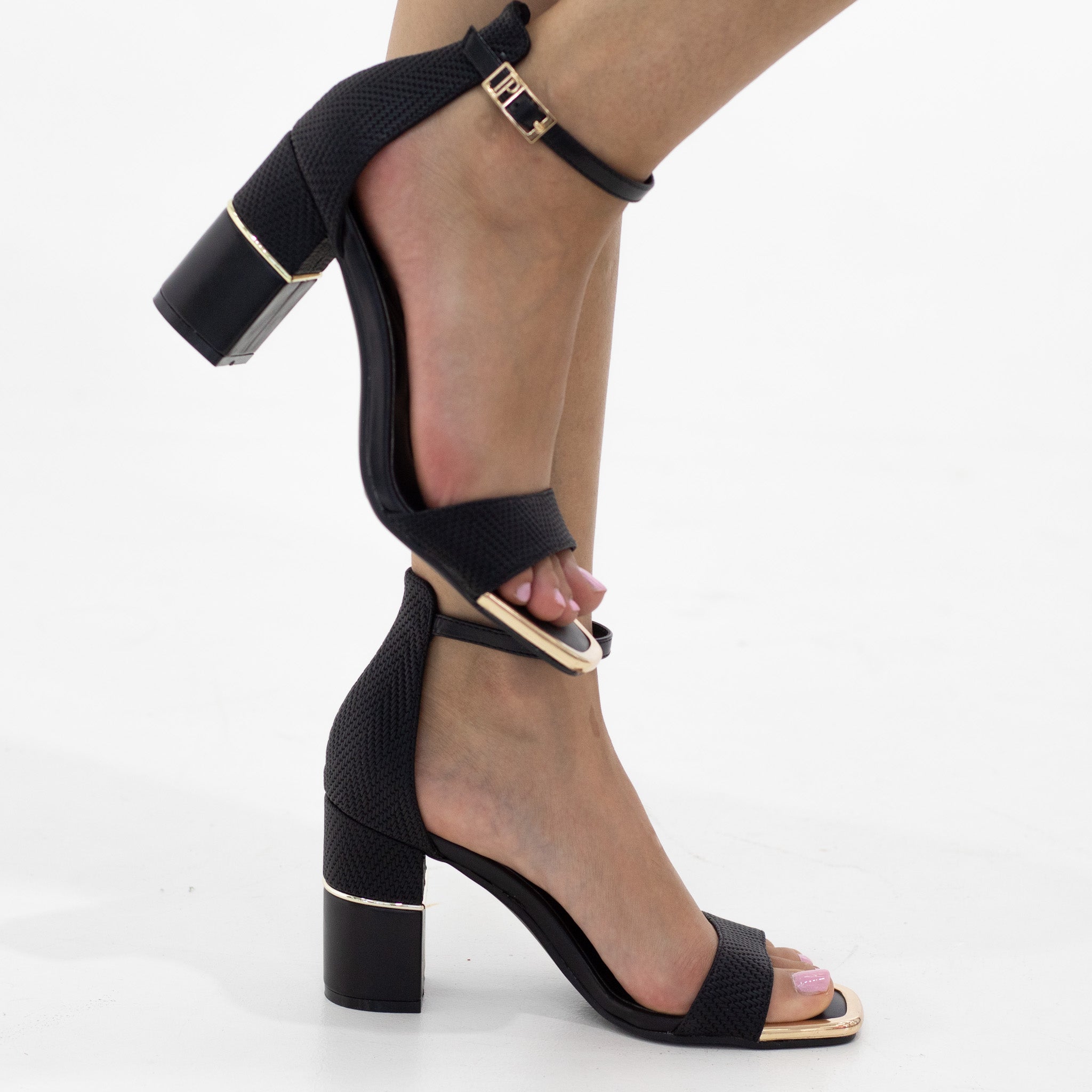 Black one band ankle strap gold toe trim 8.5cm heel sandal hafsa