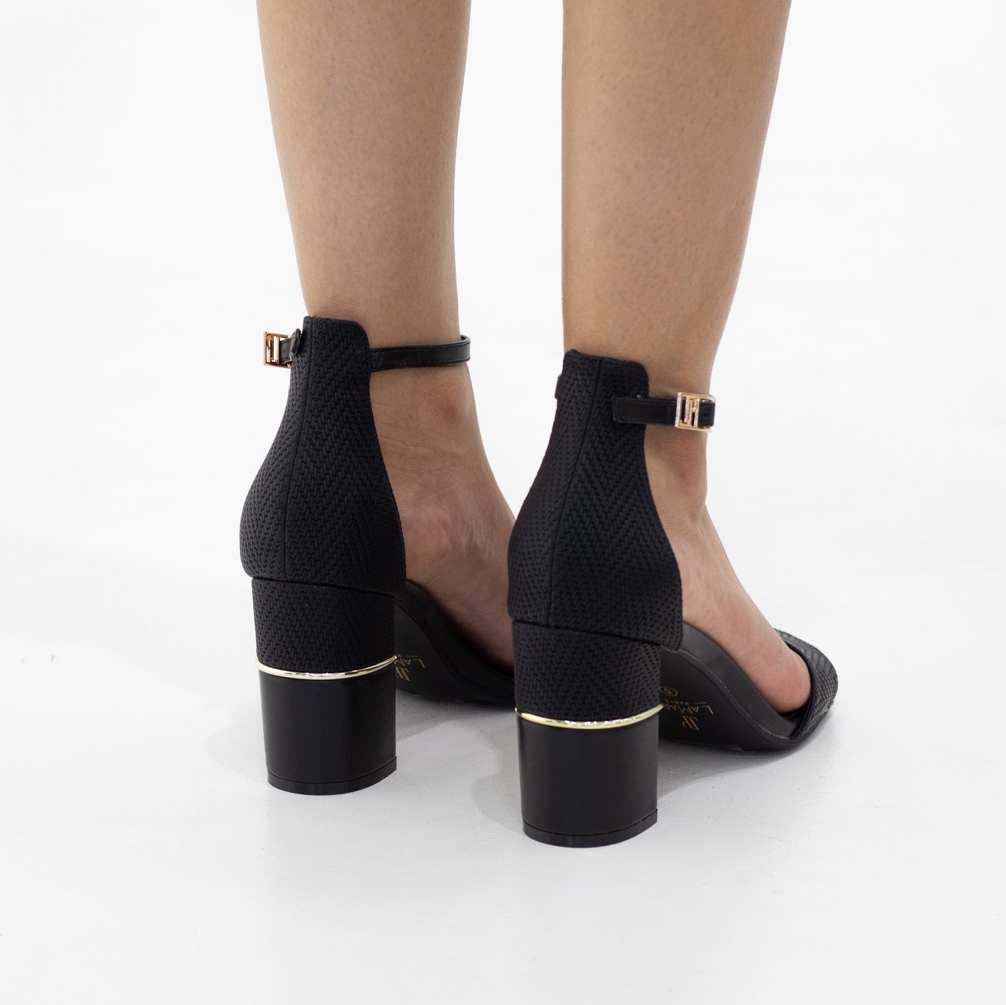 Black one band ankle strap gold toe trim 8.5cm heel sandal hafsa