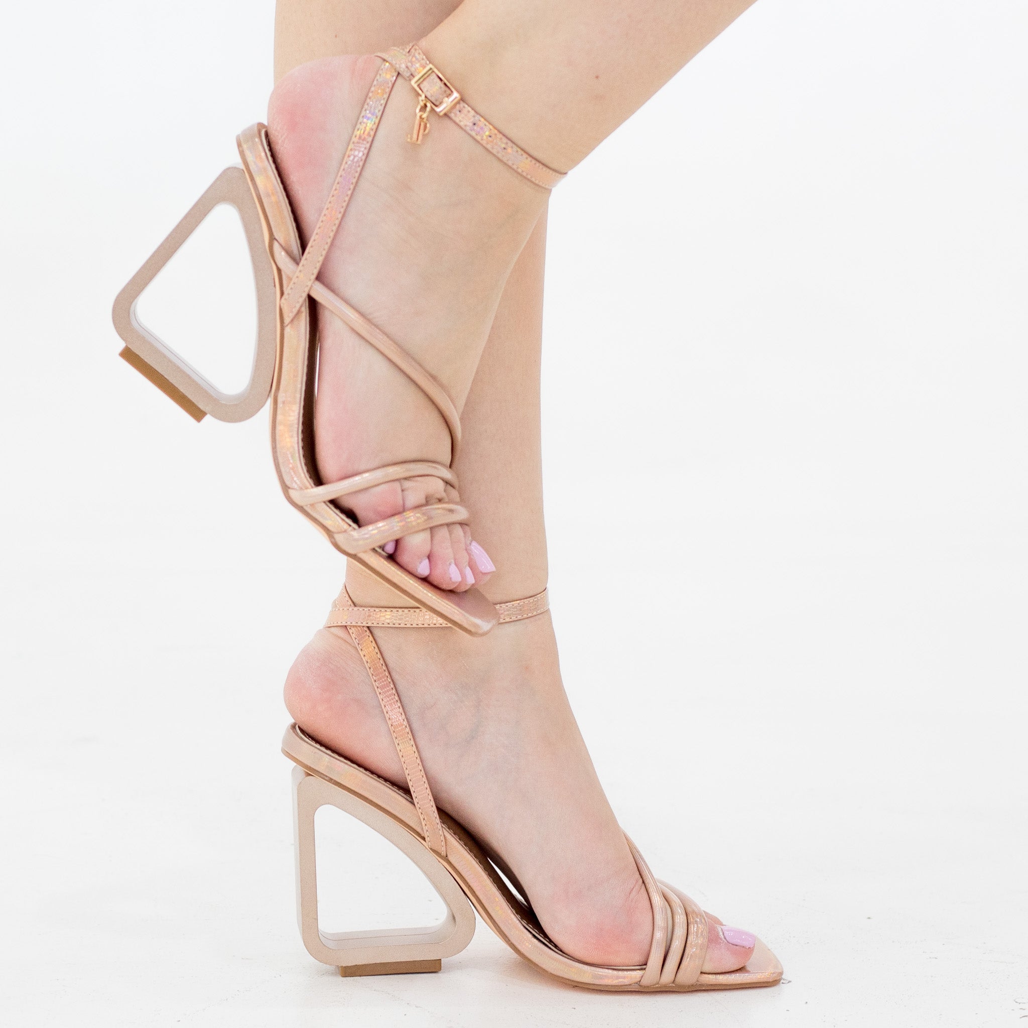 Rose gold ankle strap sandal on 8cm open wedge heel klayton
