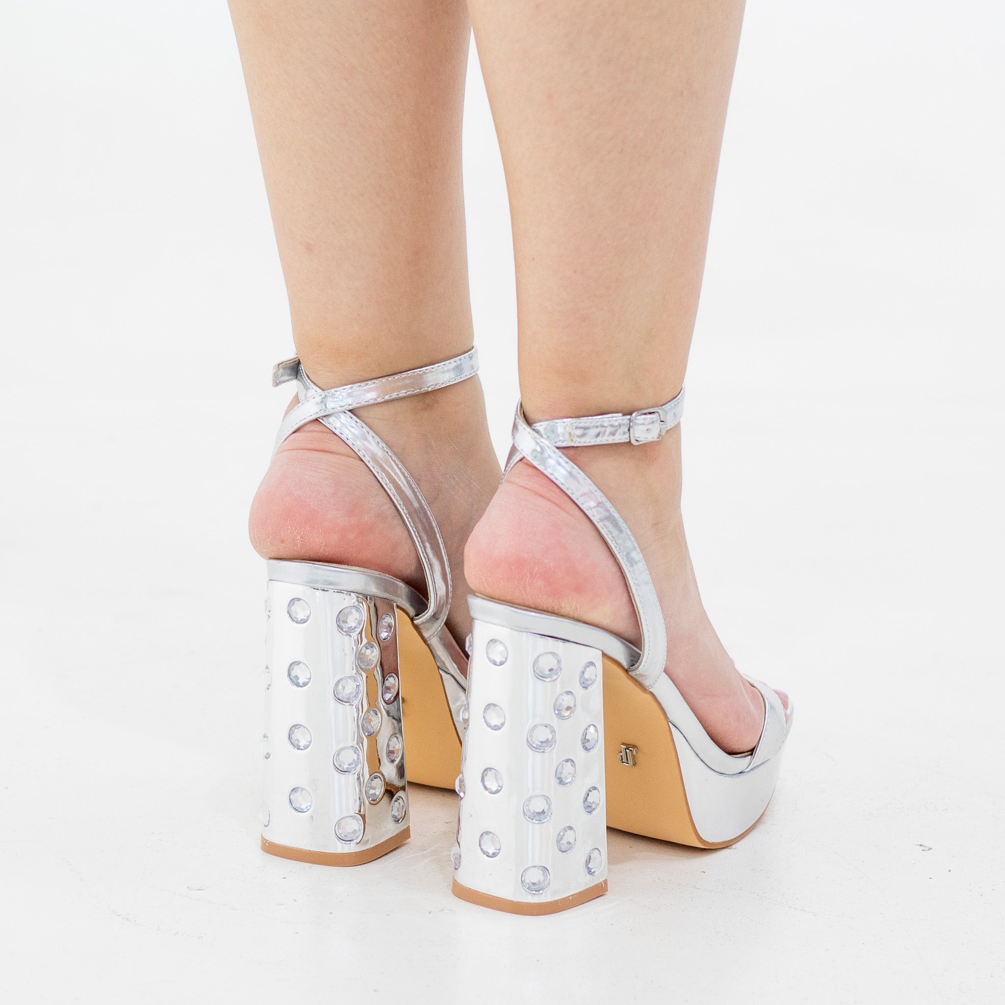 Silver one band ankle strap sandal on 11cm stoned platform heel bimala