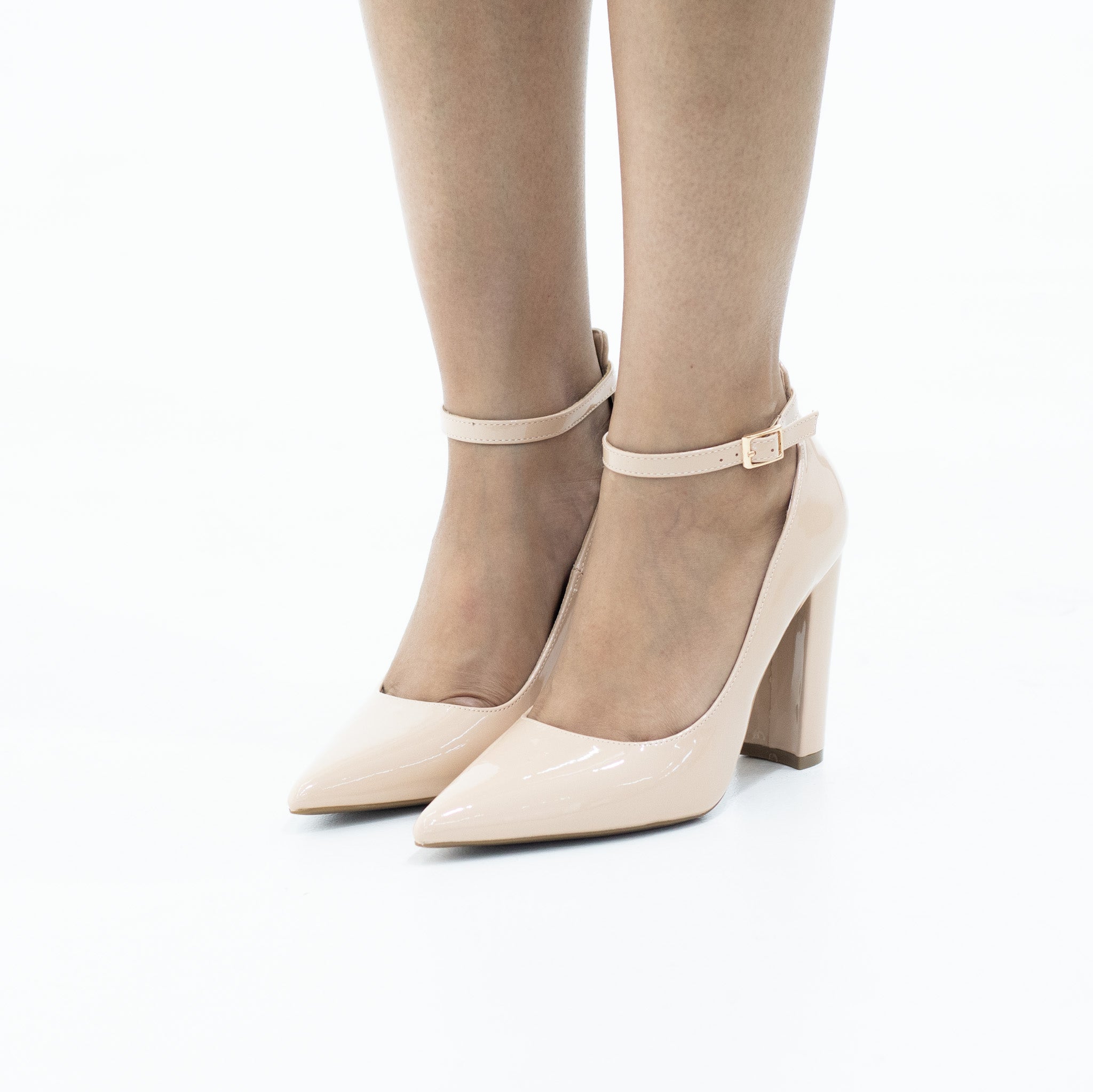Beige ankle strap pat court shoe on 10cm heel major