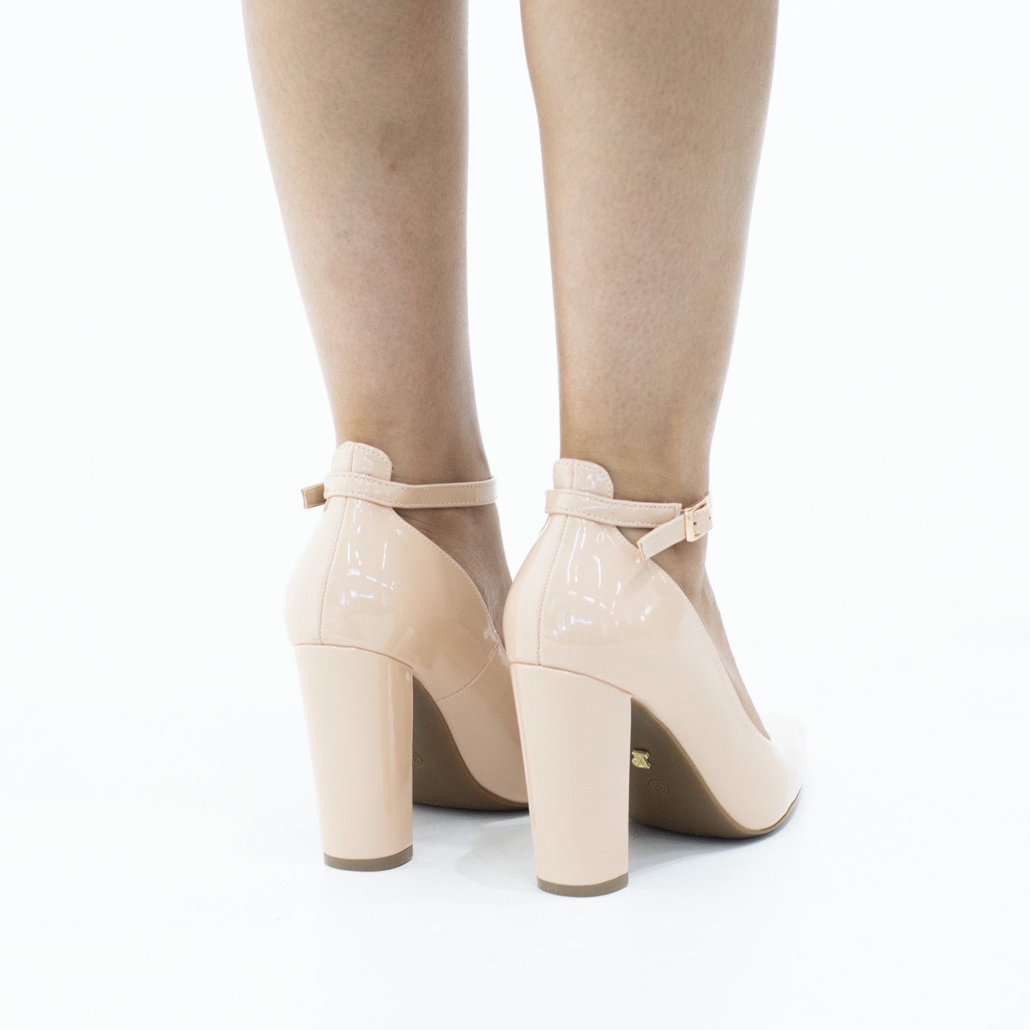 Beige ankle strap pat court shoe on 10cm heel major