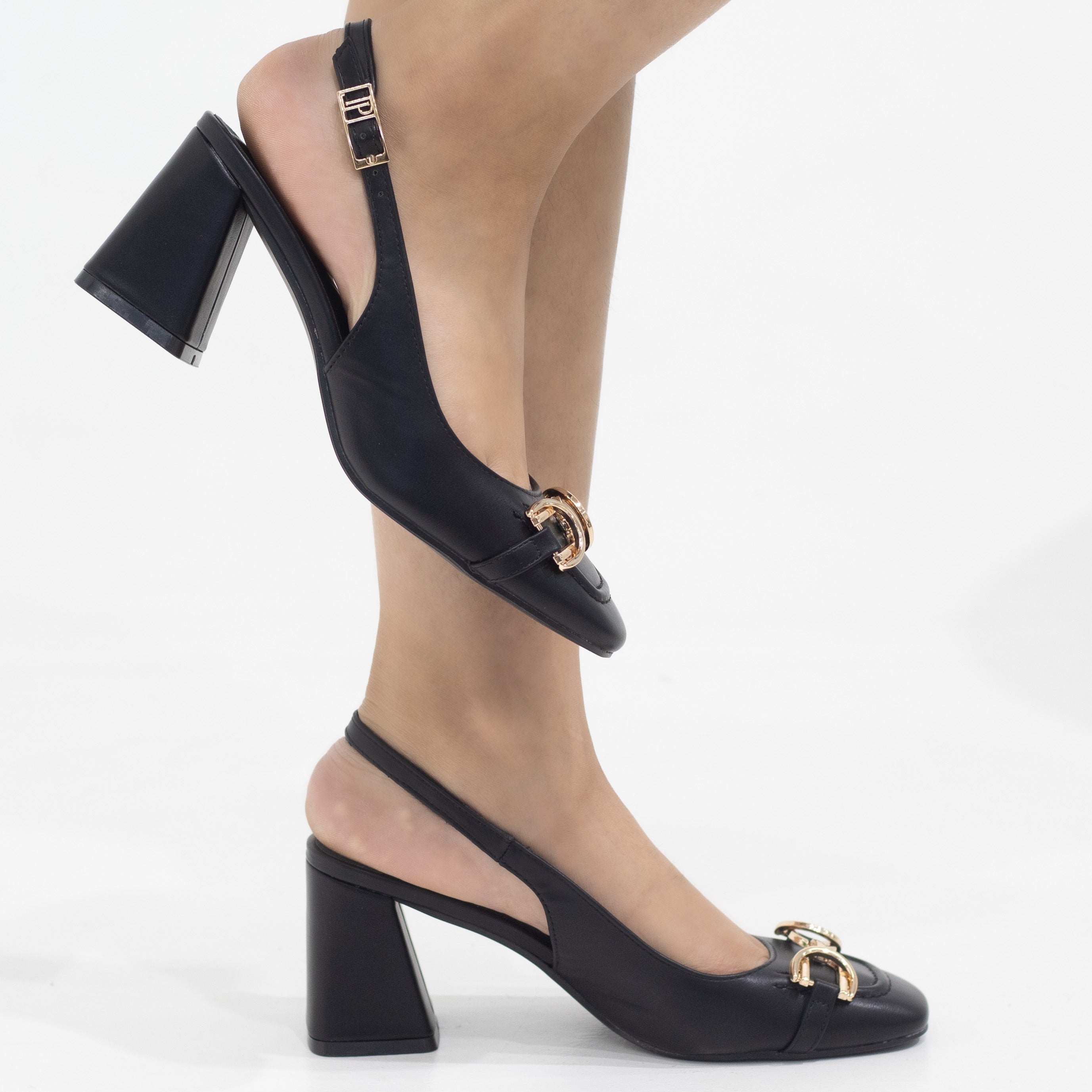 Black 7cm heel pleather slingback with trim pumps amaya
