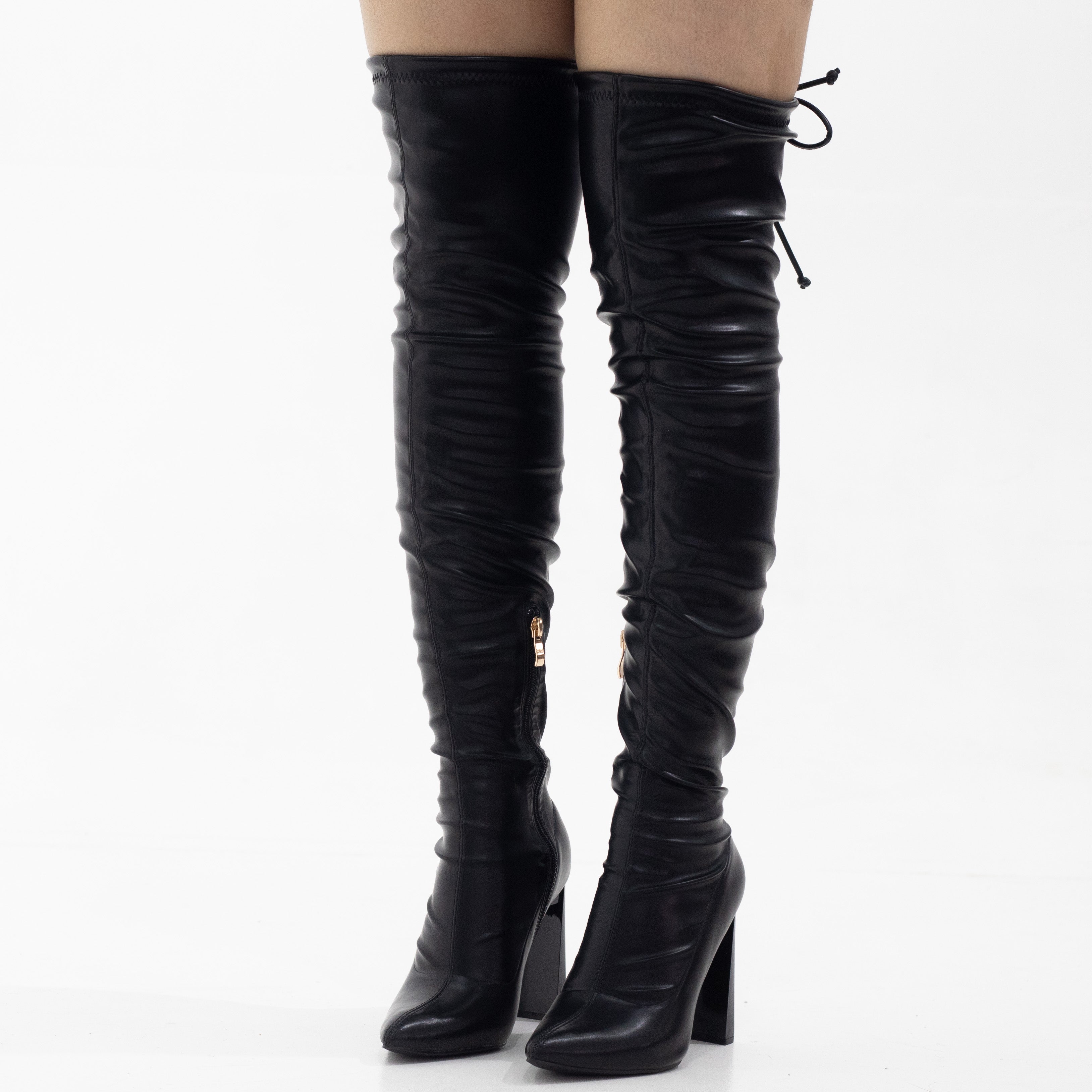 Tomian thigh high pointy high 10.5cm heel boot PU black