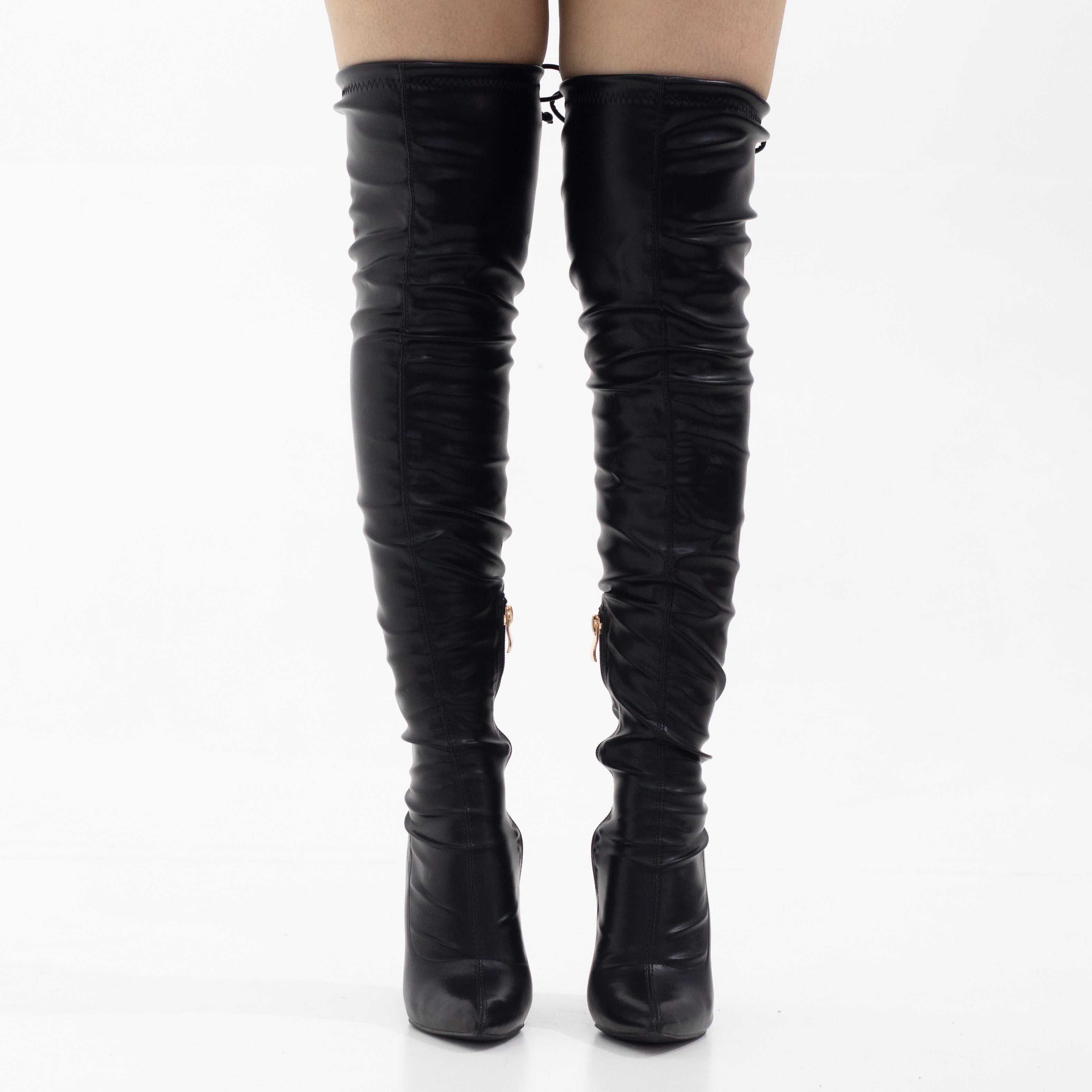 Tomian thigh high pointy high 10.5cm heel boot PU black