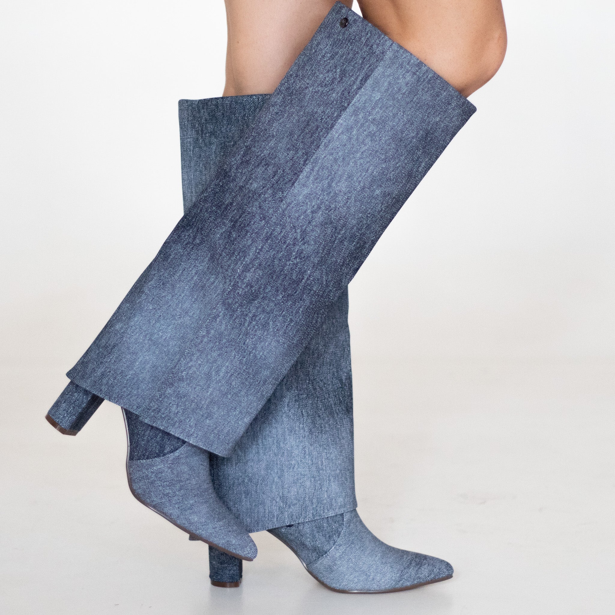 Vonda 8.5cm heel slouchy jeans bootleg long boot denim