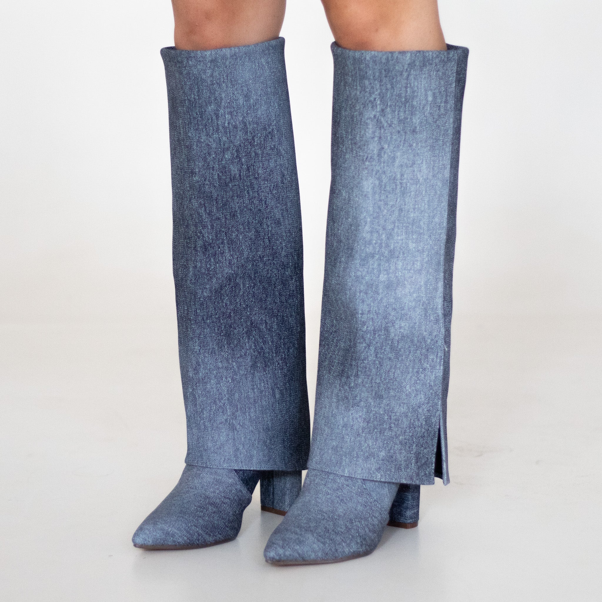 Vonda 8.5cm heel slouchy jeans bootleg long boot denim