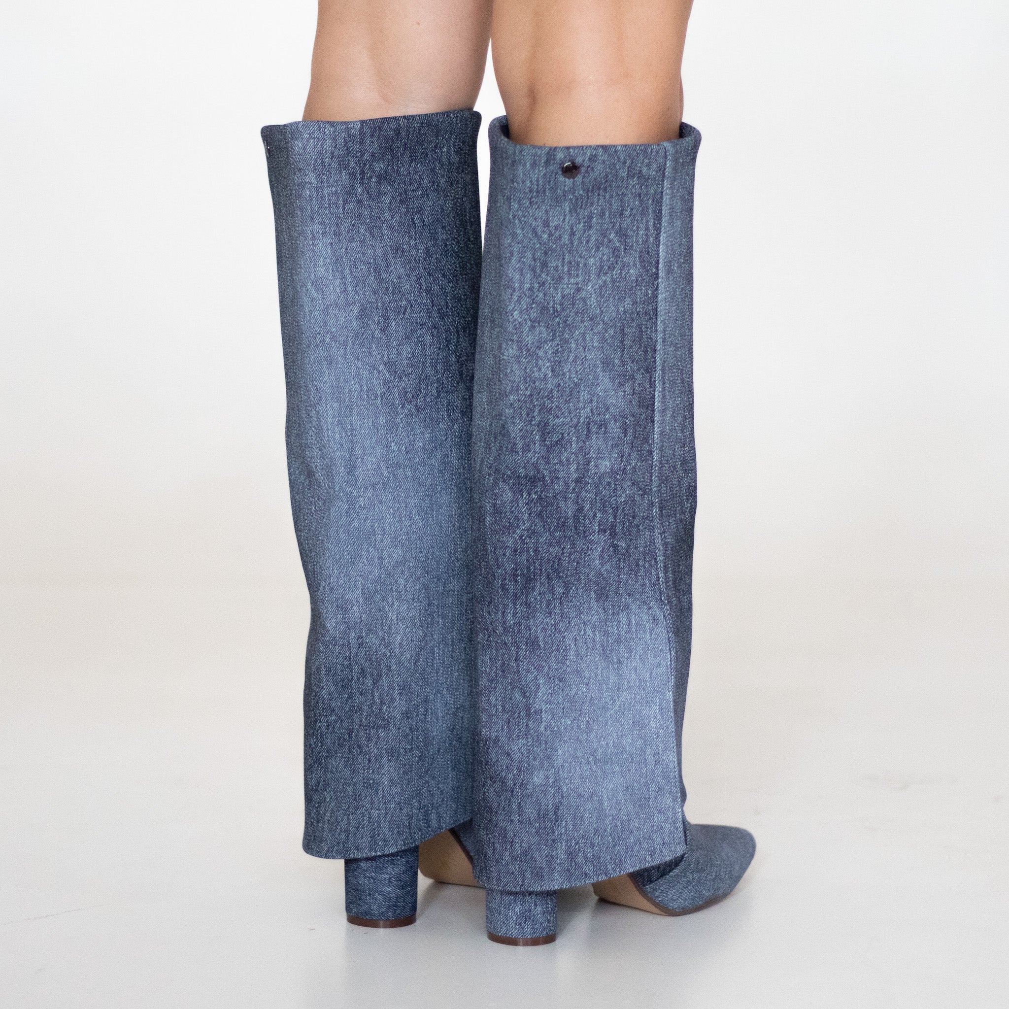 Vonda 8.5cm heel slouchy jeans bootleg long boot denim