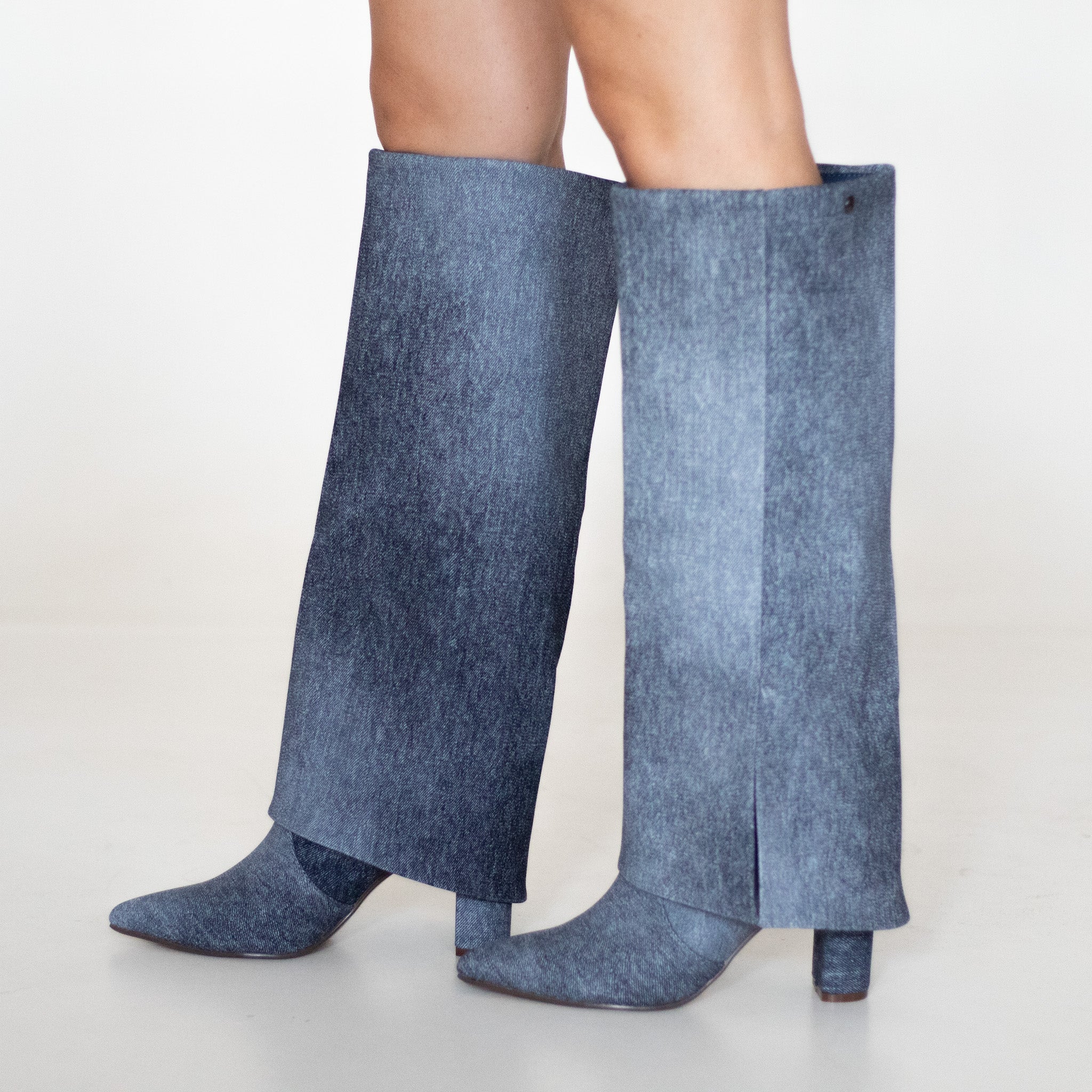 Vonda 8.5cm heel slouchy jeans bootleg long boot denim