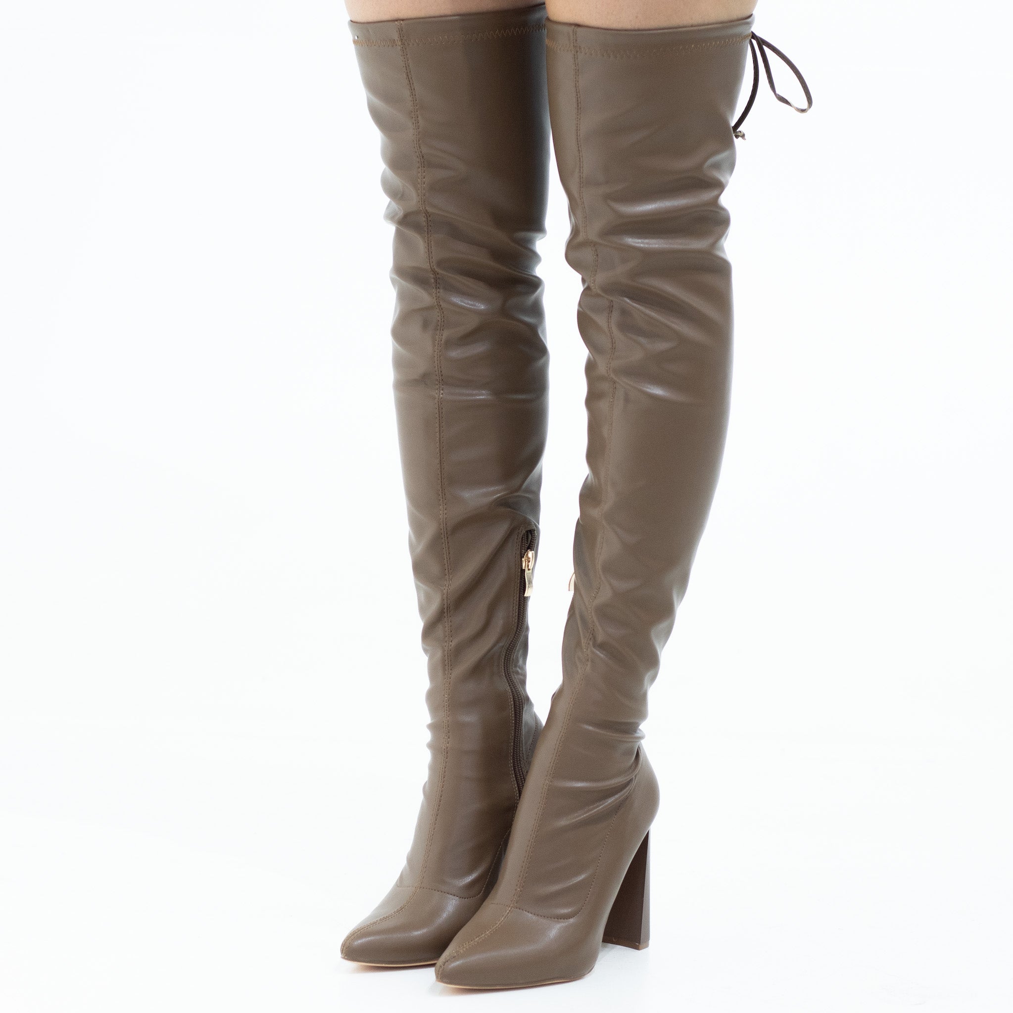 Tomian thigh high pointy high 10.5cm heel boot taupe