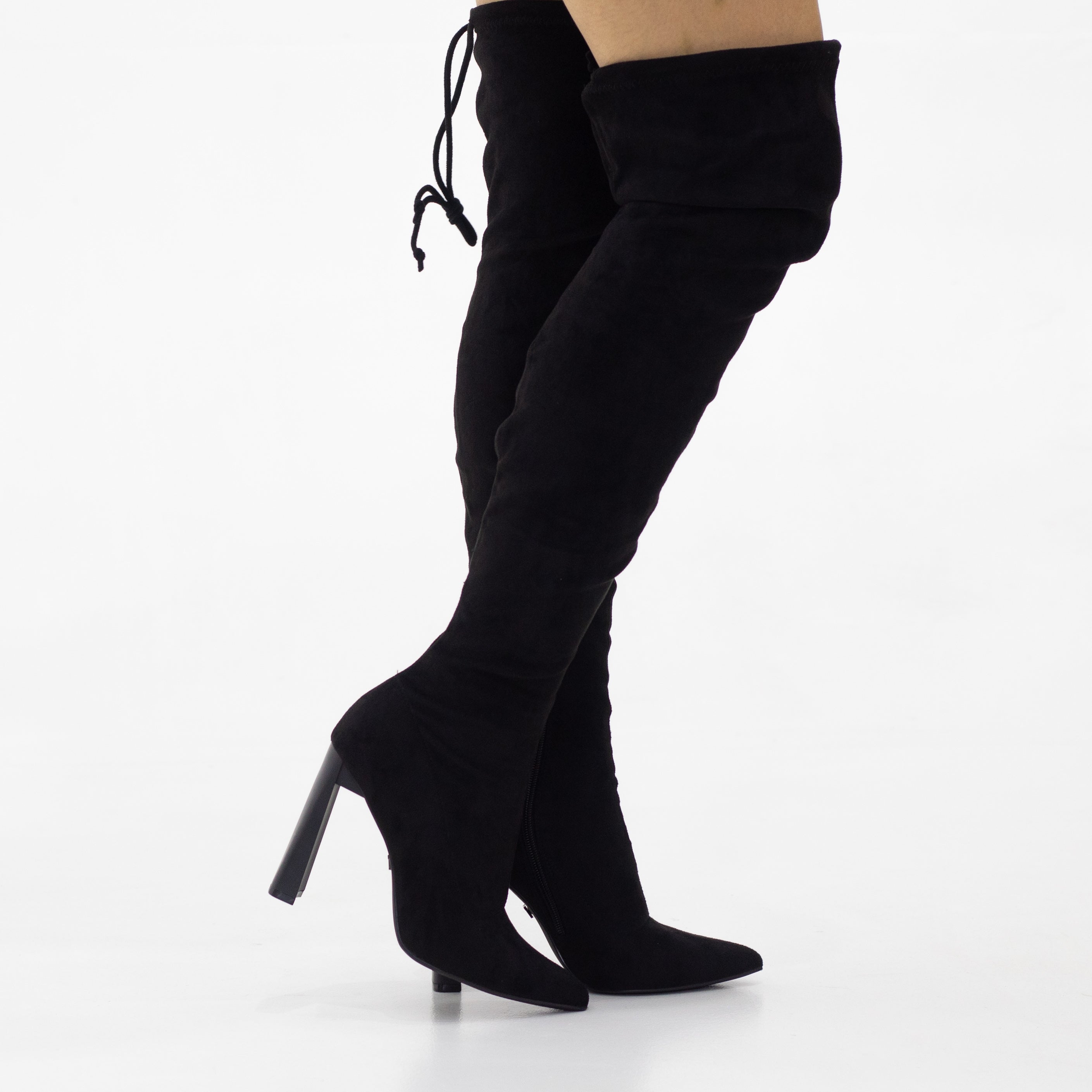 Tomian thigh high pointy high 10.5cm heel micro fibre boot black