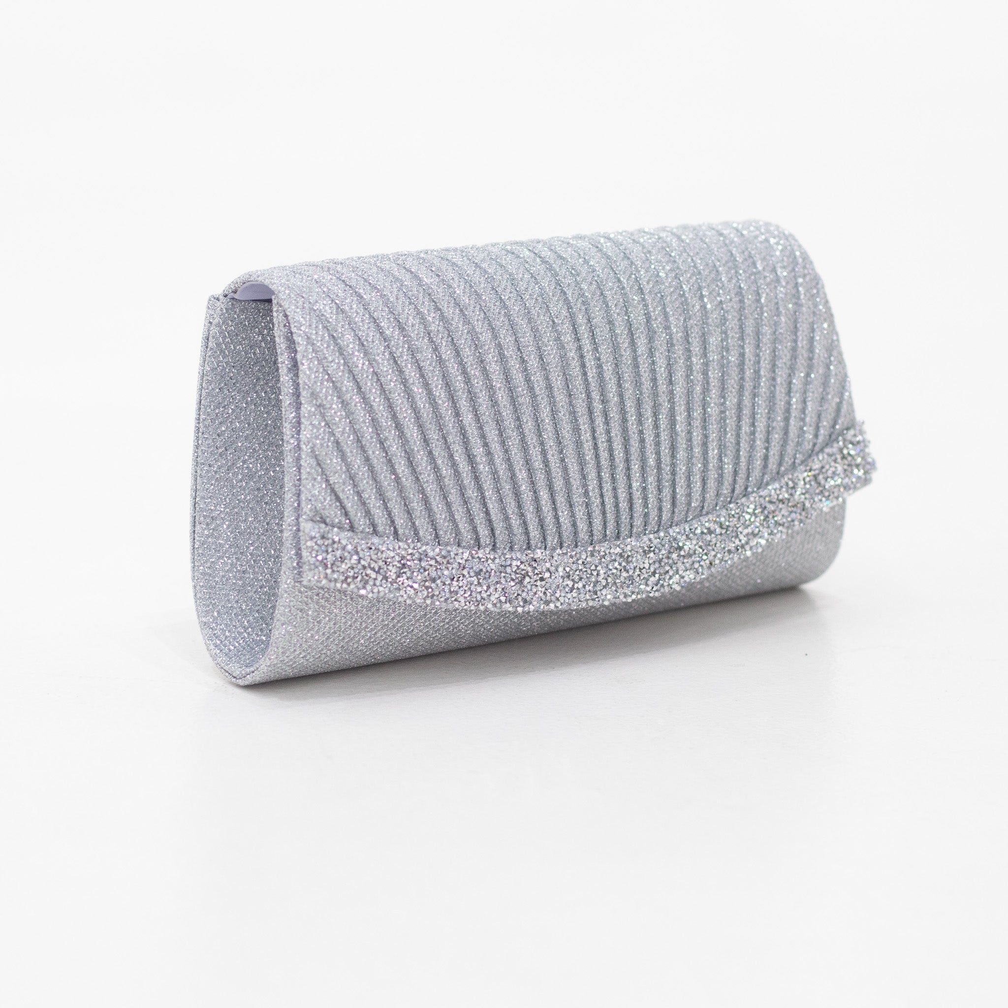 Curve silver lining-belt detailed weaved shimmer clutch bag