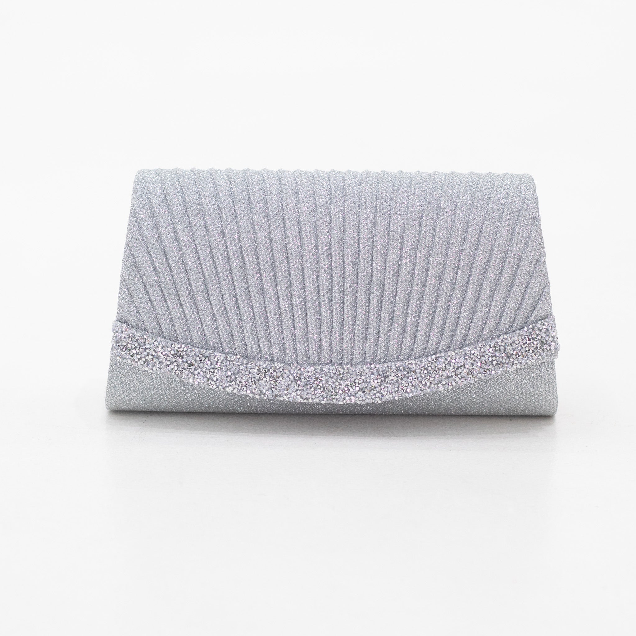 Curve silver lining-belt detailed weaved shimmer clutch bag