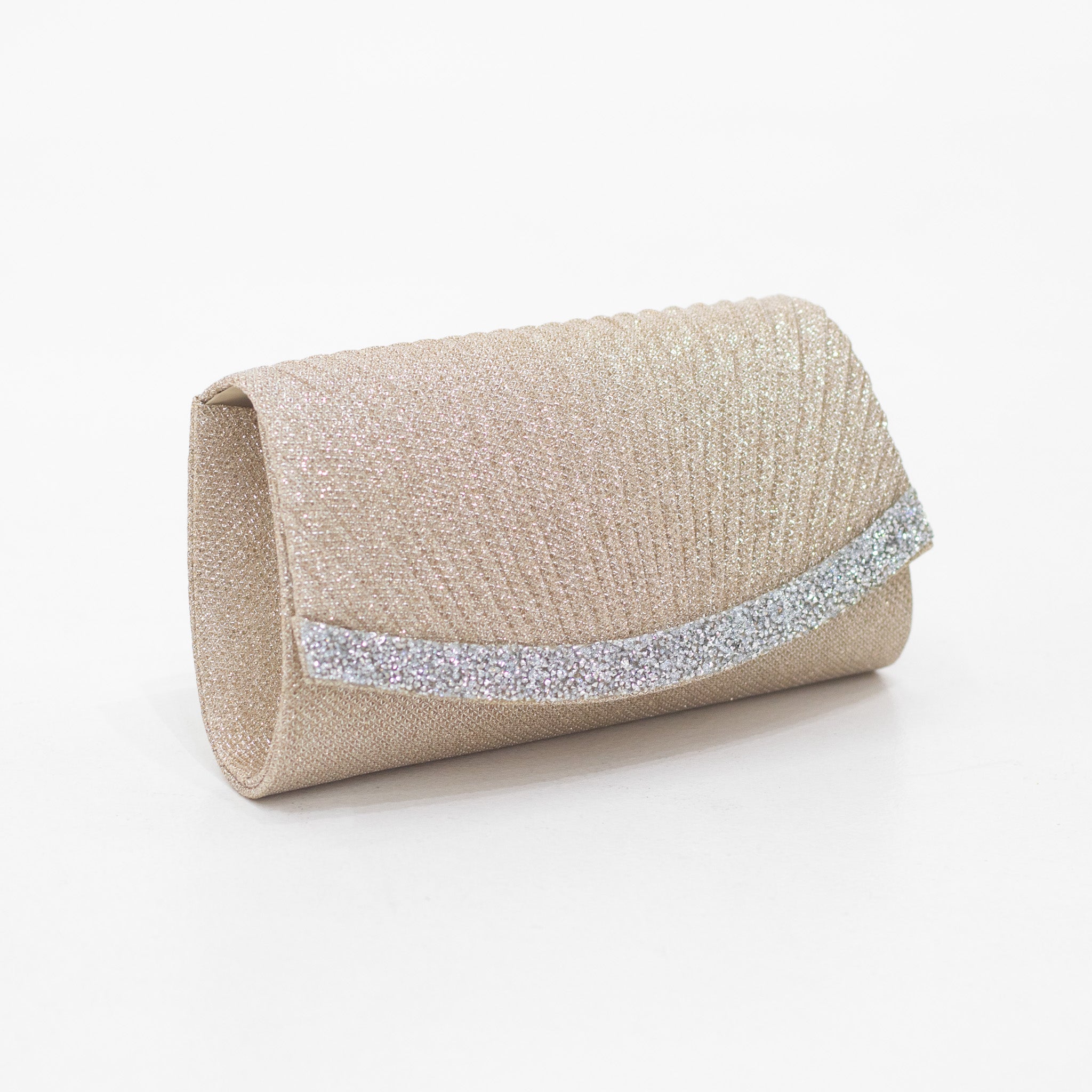 Curve silver lining-belt detailed weaved shimmer clutch bag