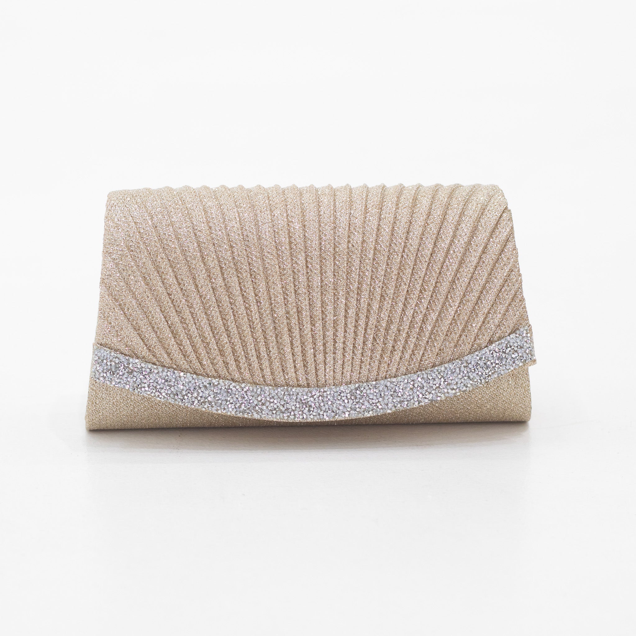 Curve silver lining-belt detailed weaved shimmer clutch bag