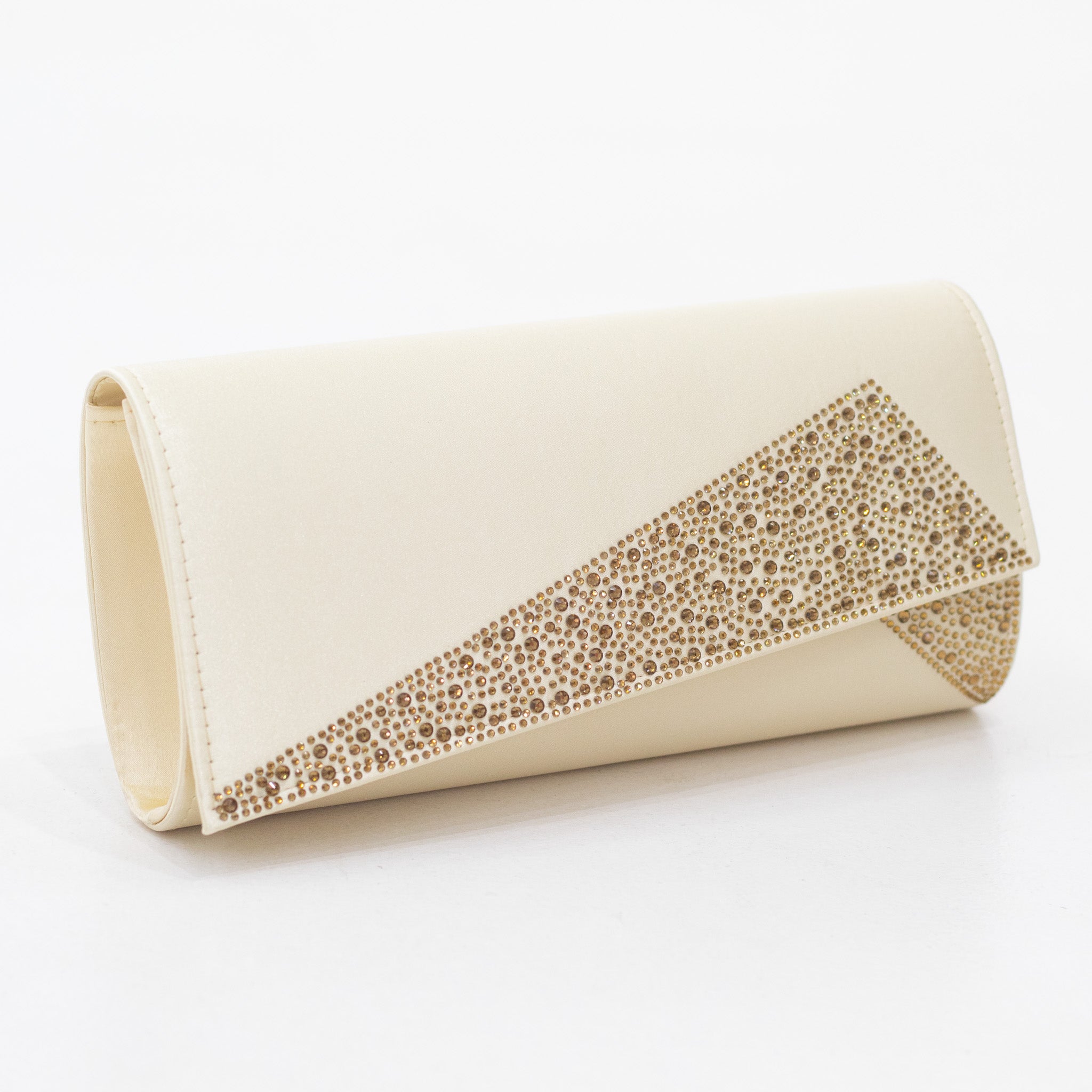 Angle diamante detail satin fabric clutch bag