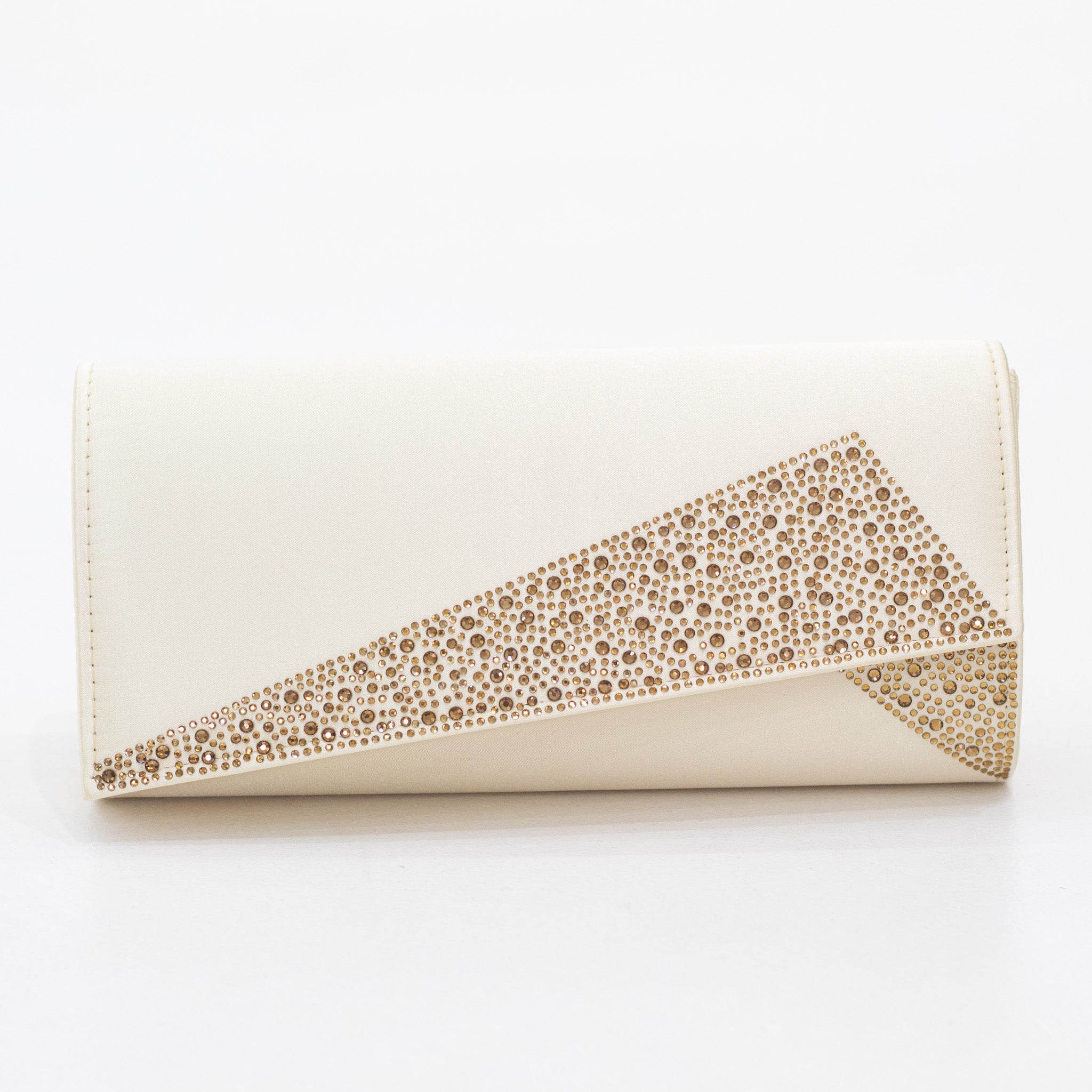 Angle diamante detail satin fabric clutch bag