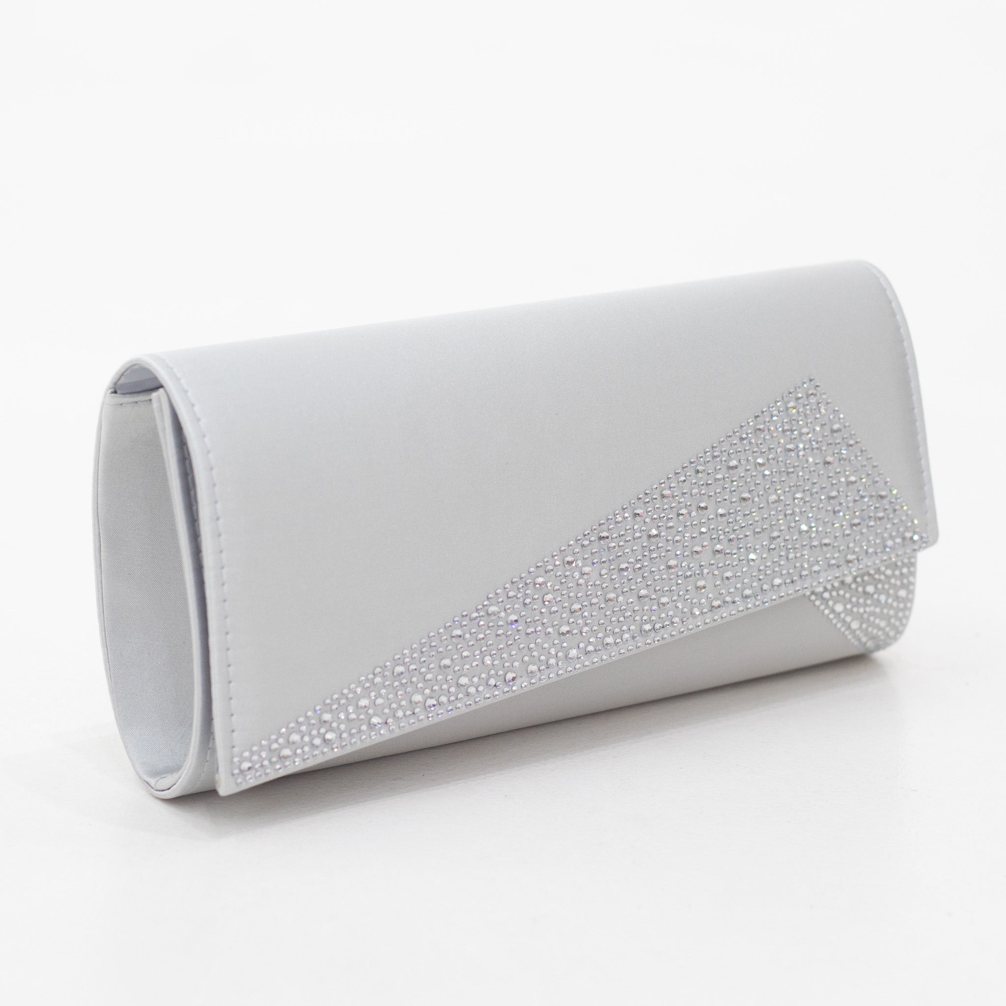 Angle diamante detail satin fabric clutch bag