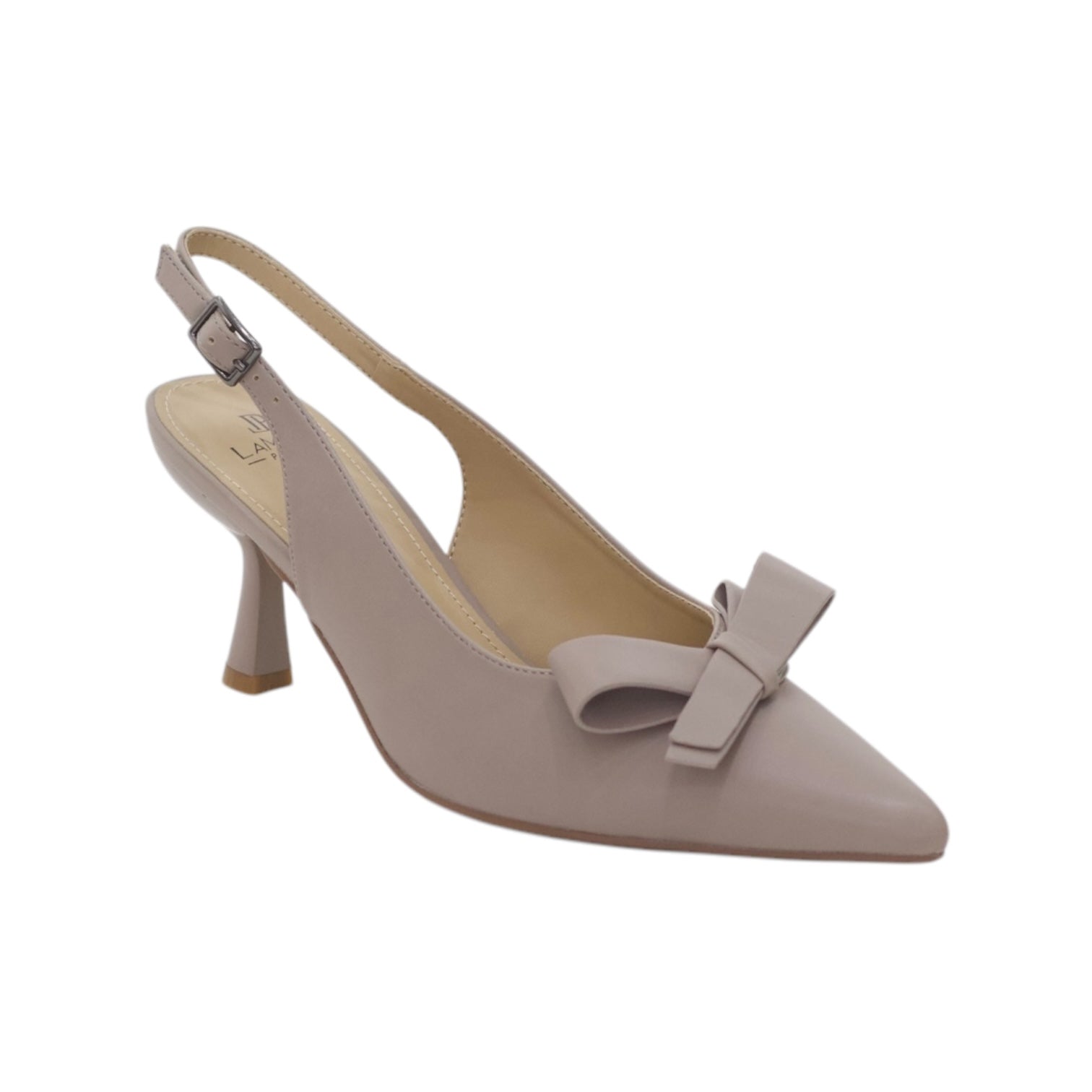 Rejaf pointy patent  sling back courts with knot trim on 7cm heel