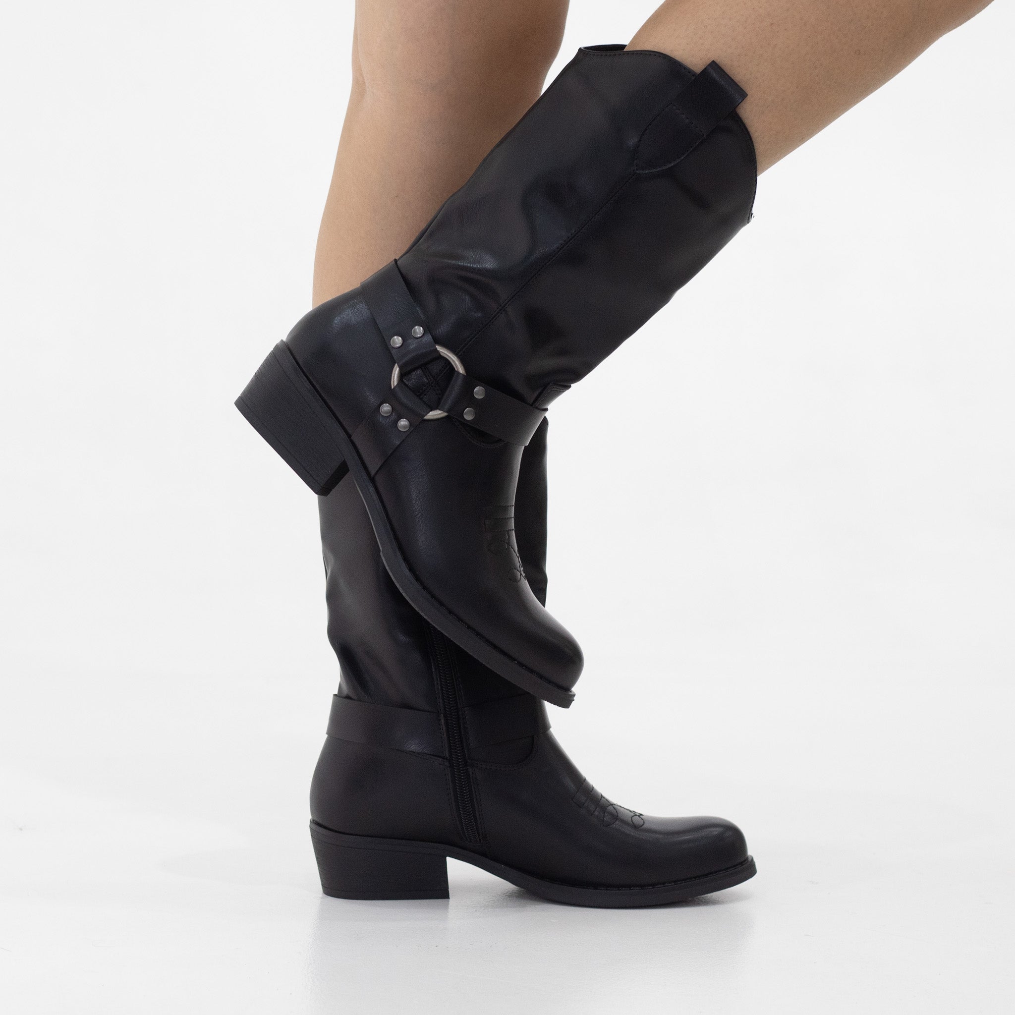 Link embroidered PU mat 4cm heel mid calf boot