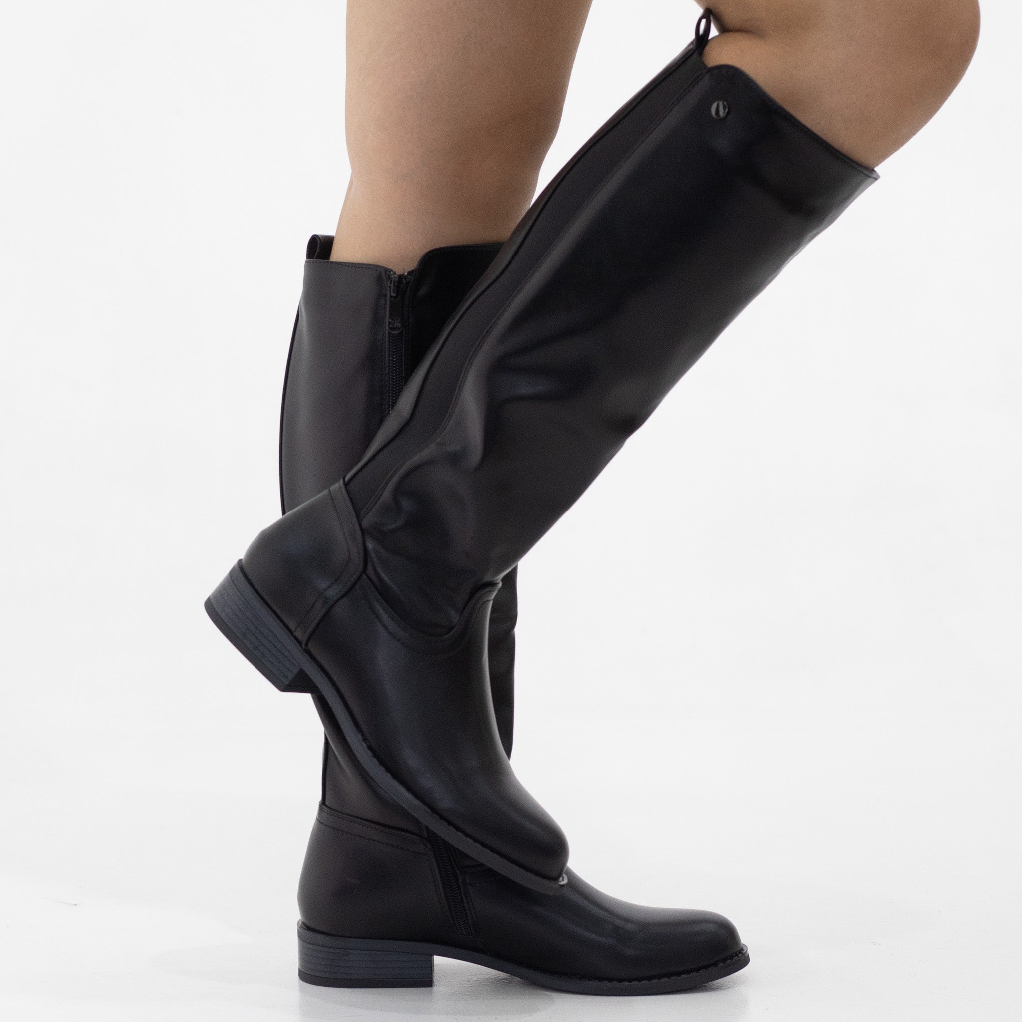 Classic elastic strip decor 3cm low heel pu knee high boots