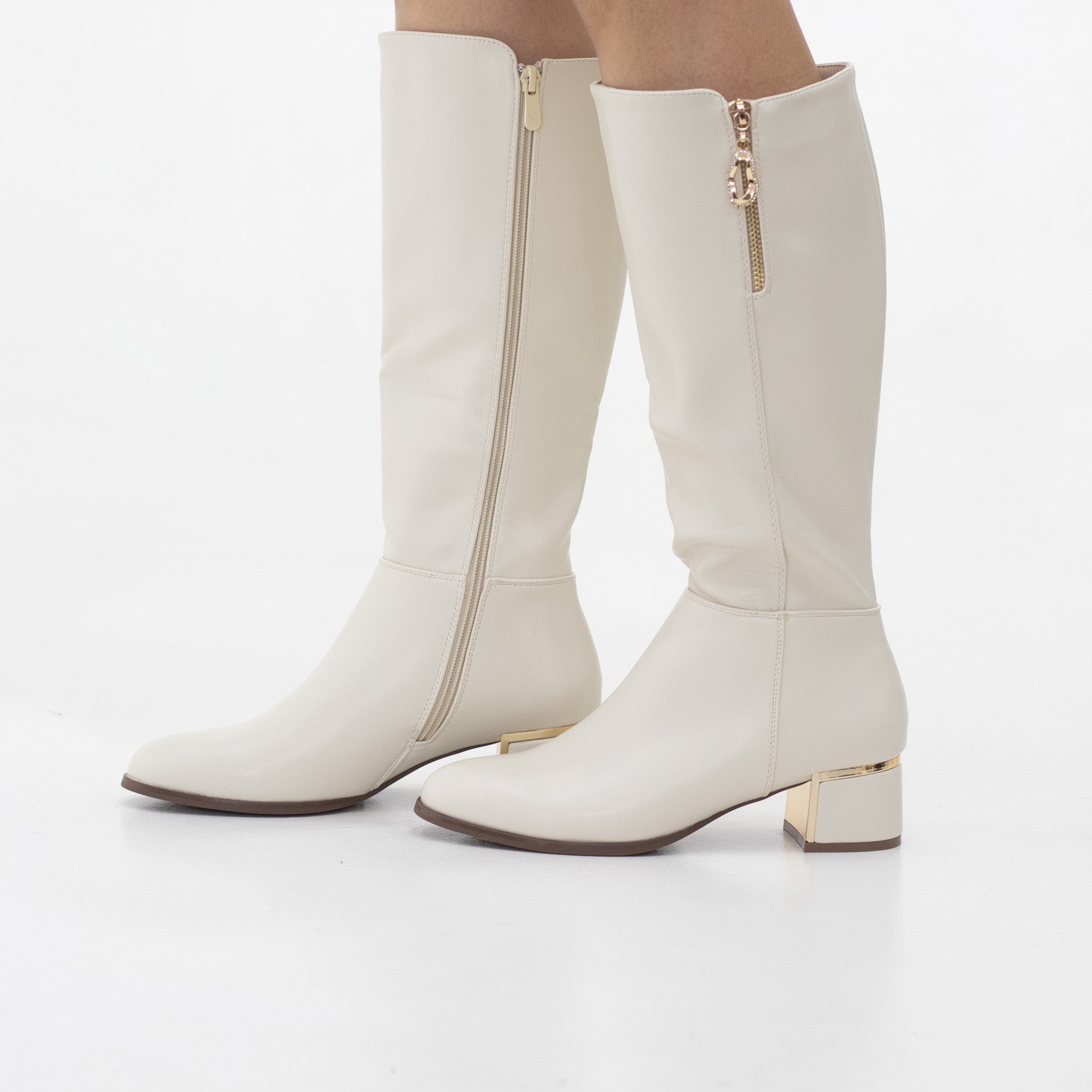 Dreem zipper decor 4cm flat heel pu knee high boots off-white