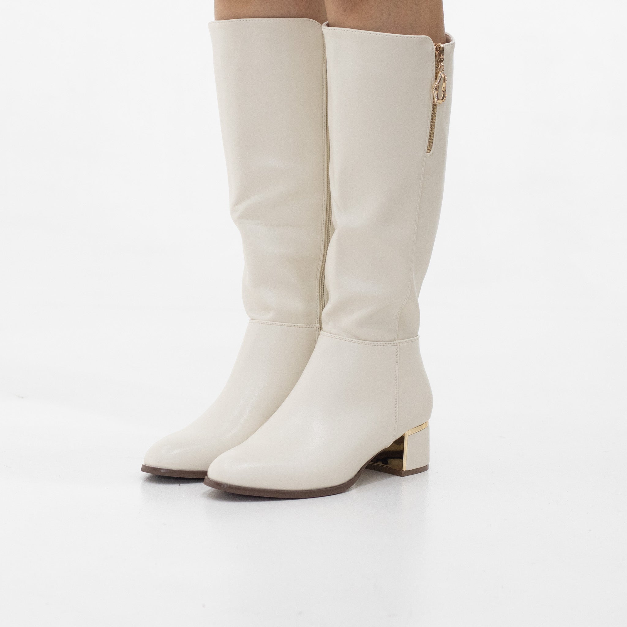 Dreem zipper decor 4cm flat heel pu knee high boots off-white