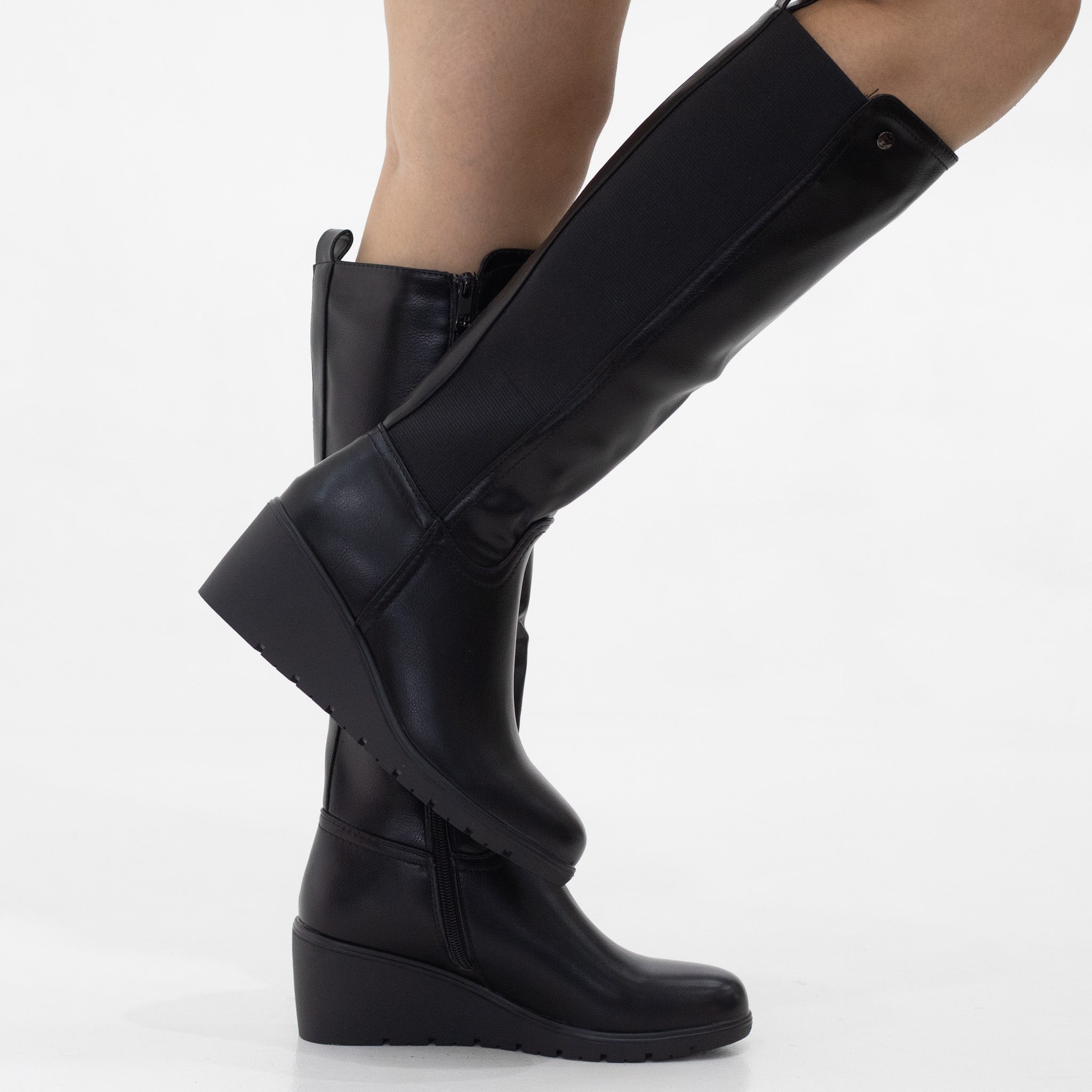 Track knee high boot with stretchy elastic on 6cm wedge black