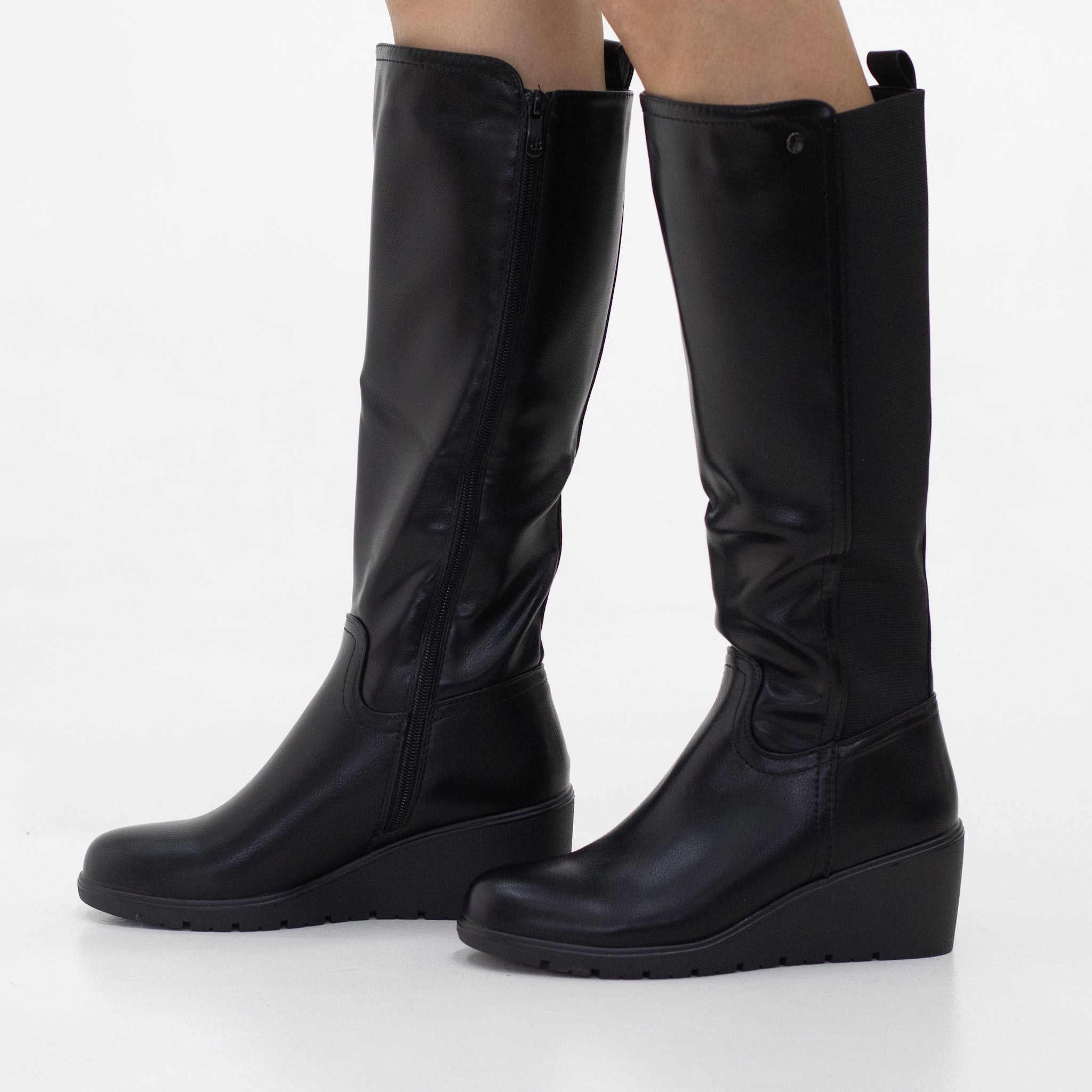 Track knee high boot with stretchy elastic on 6cm wedge black