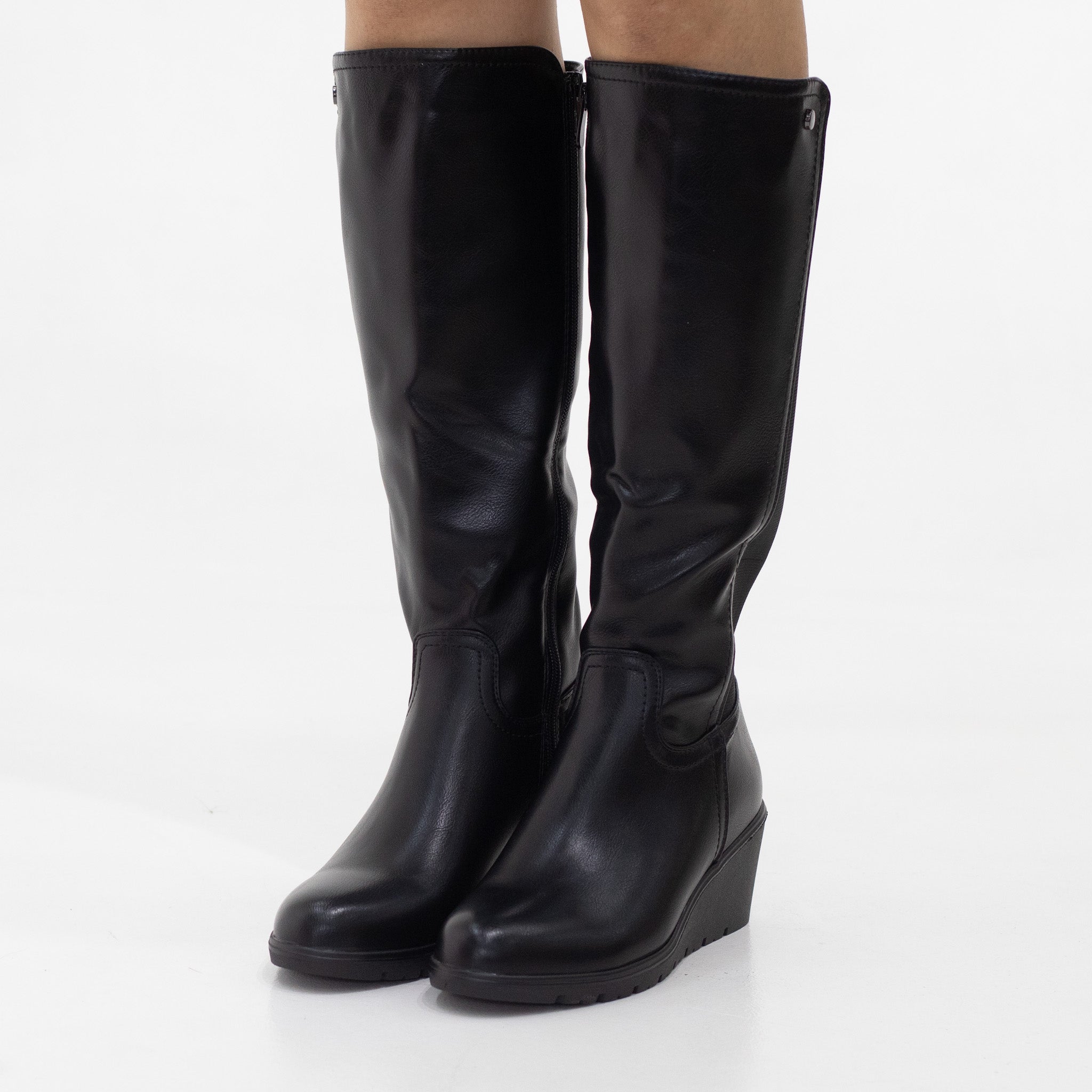 Track knee high boot with stretchy elastic on 6cm wedge black