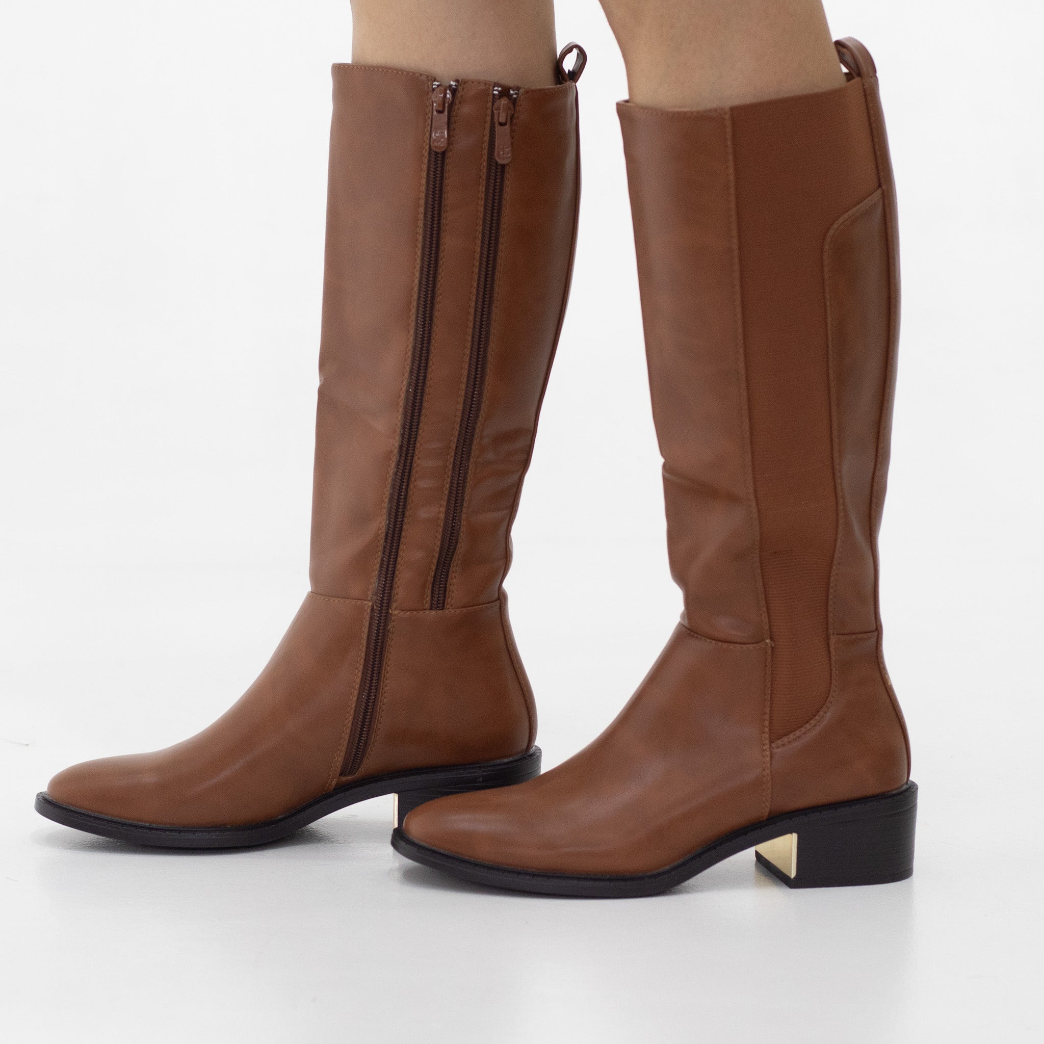 Shiya double zipper long boot with a metal decor on 4.5cm heel