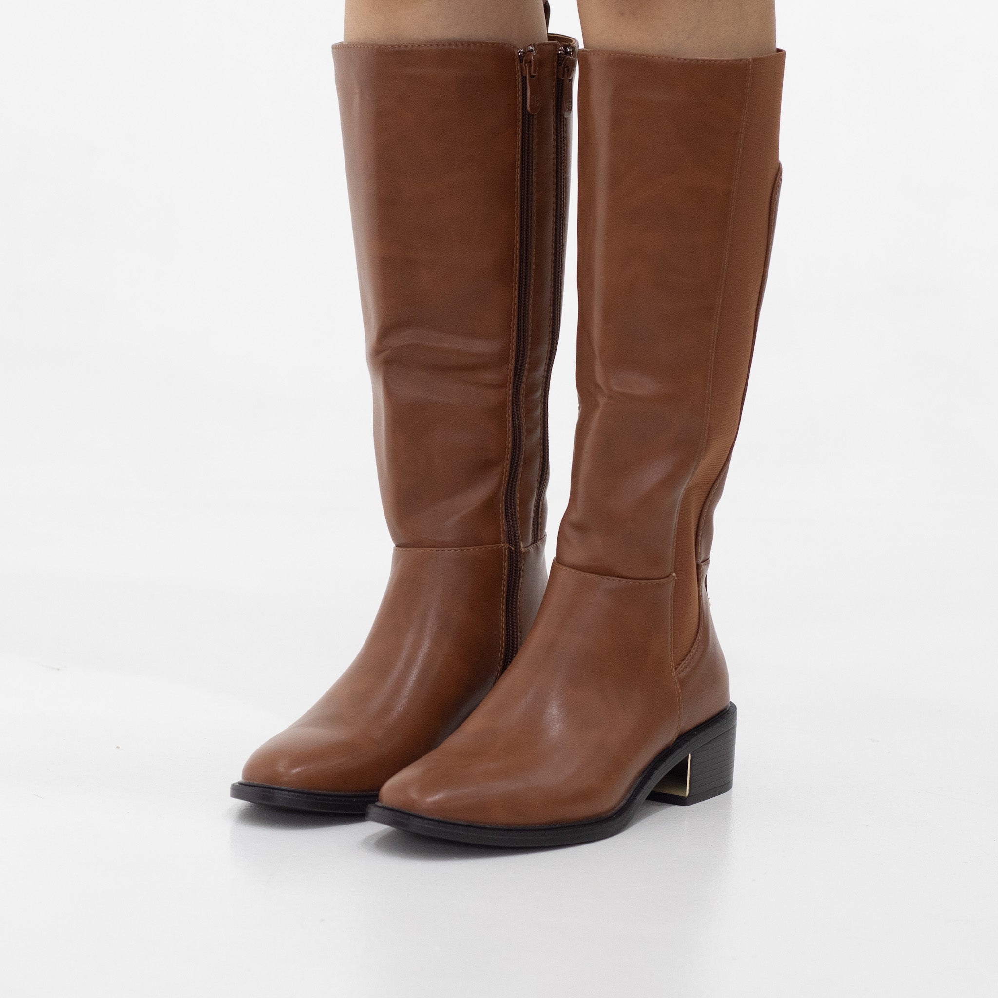 Shiya double zipper long boot with a metal decor on 4.5cm heel