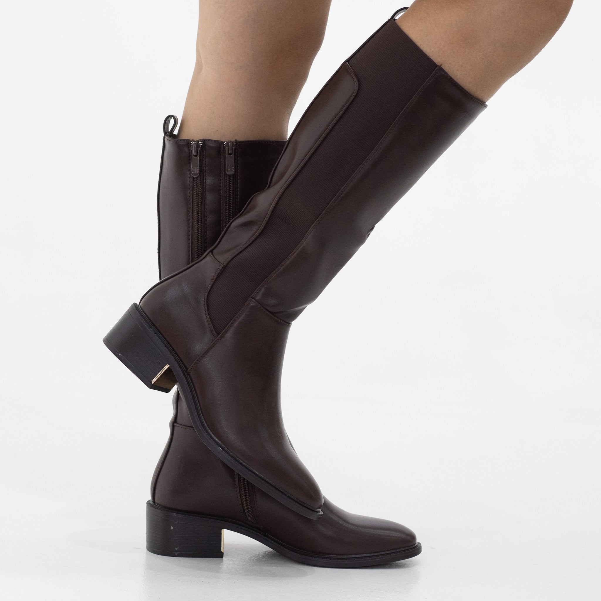 Shiya double zipper long boot with a metal decor on 4.5cm heel