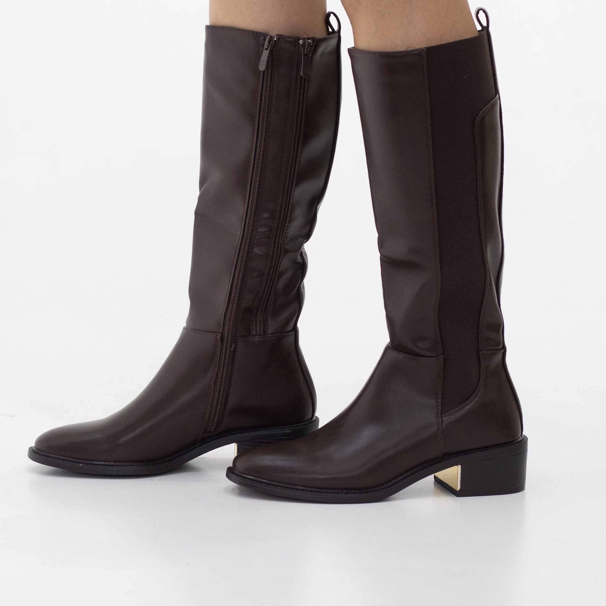 Shiya double zipper long boot with a metal decor on 4.5cm heel