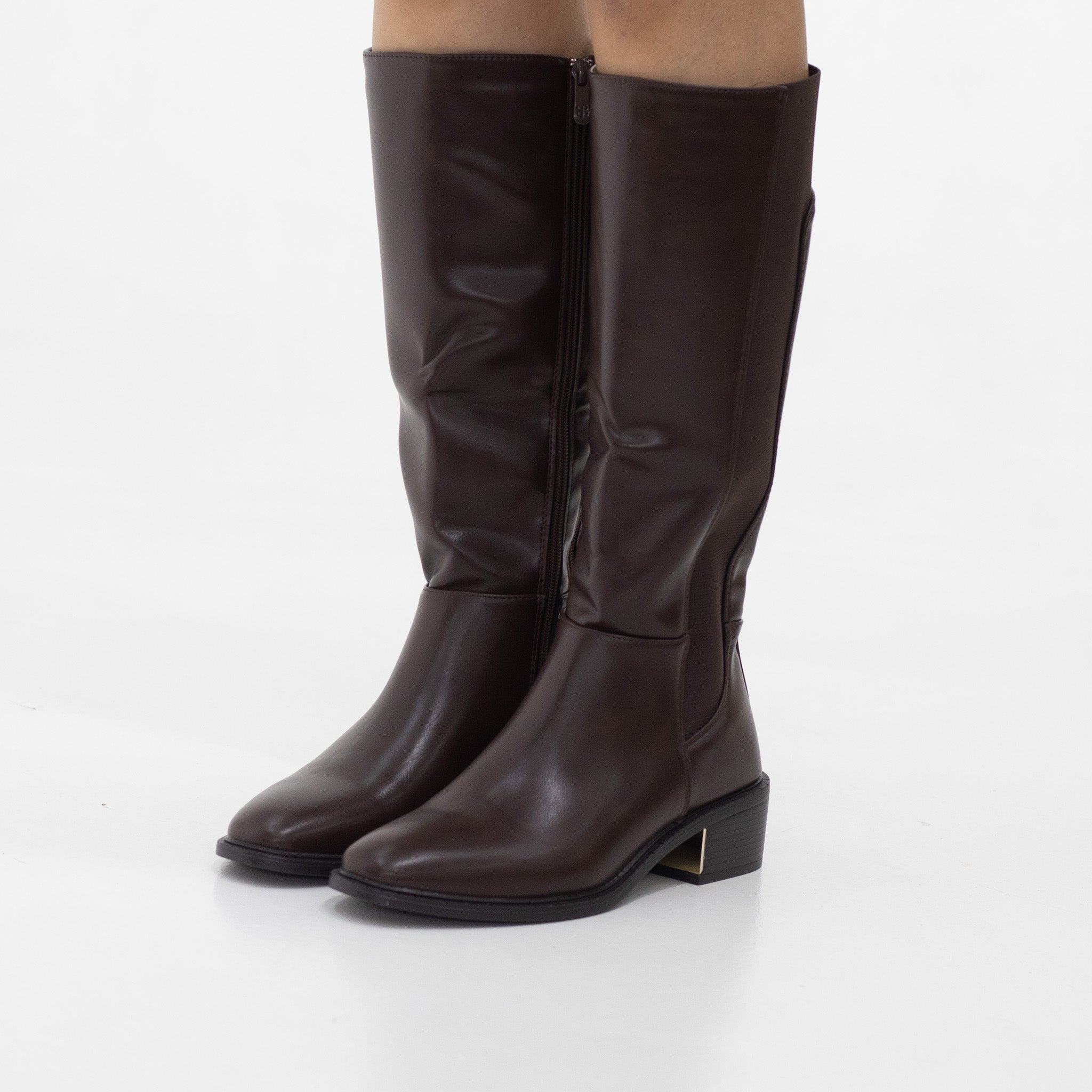 Shiya double zipper long boot with a metal decor on 4.5cm heel