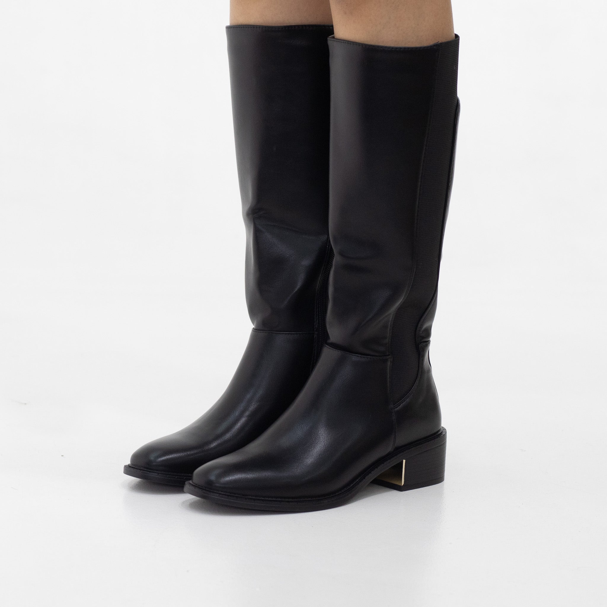 Shiya double zipper long boot with a metal decor on 4.5cm heel