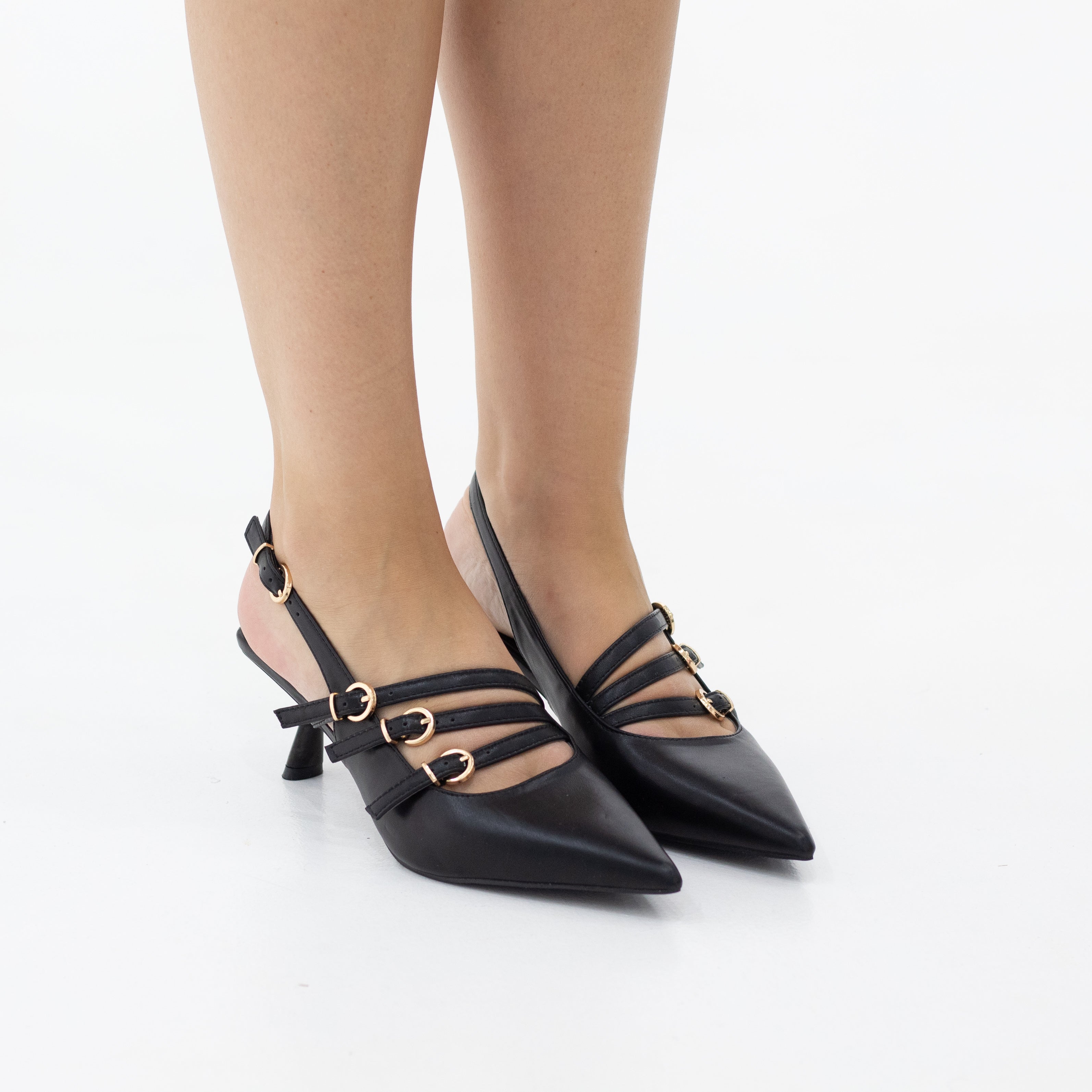 Hilma pointy sling back on a 4cm heel with a twist of side buckles finish