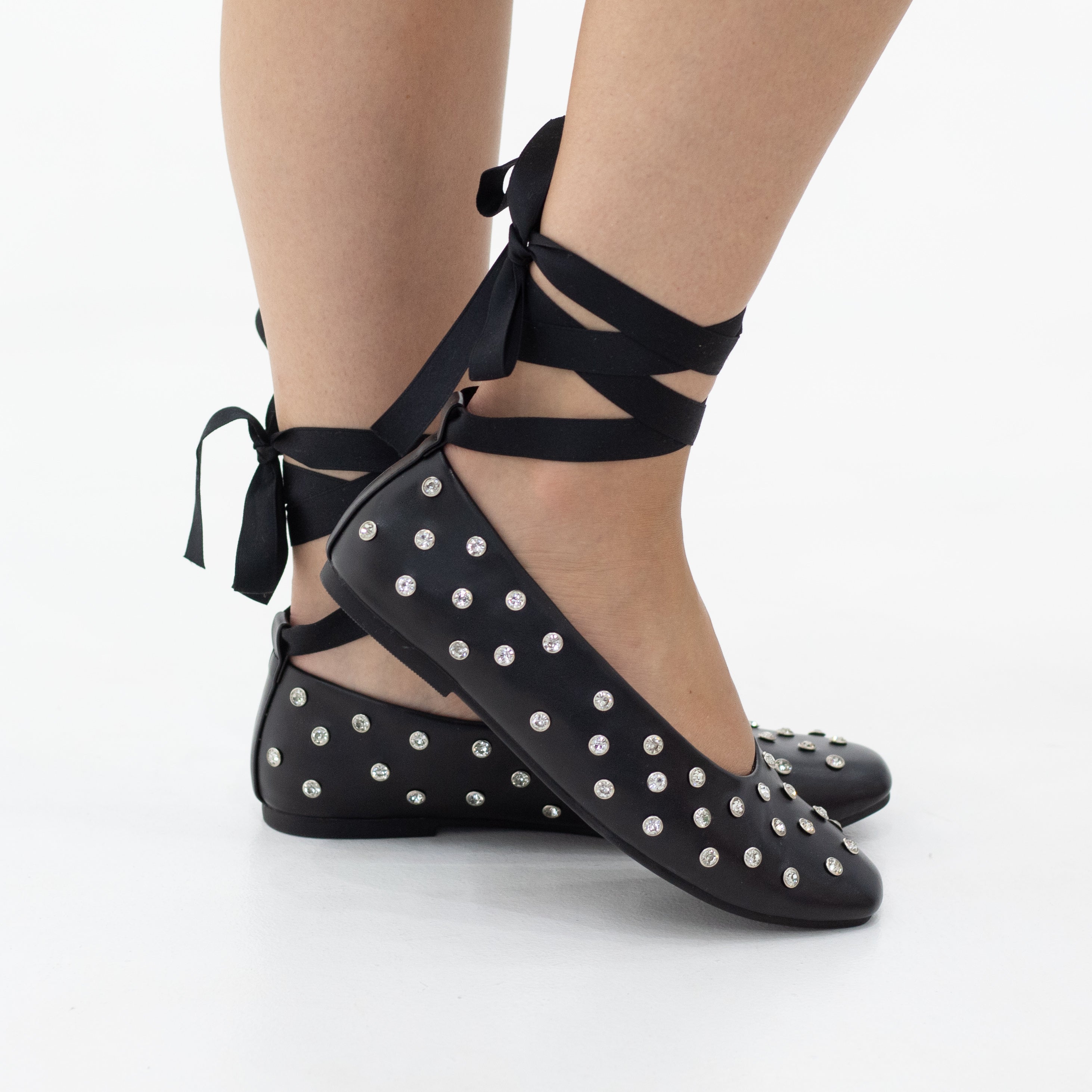 Emma tie-up studded flat pump with detachable ribbon