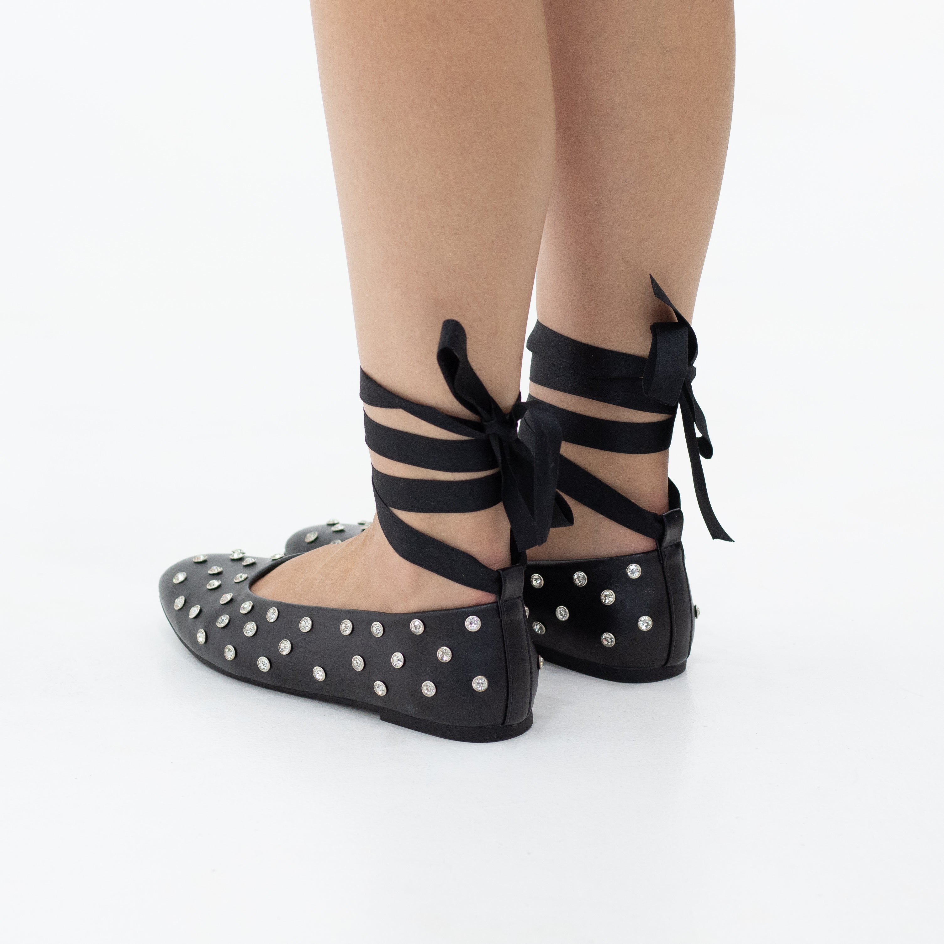 Emma tie-up studded flat pump with detachable ribbon