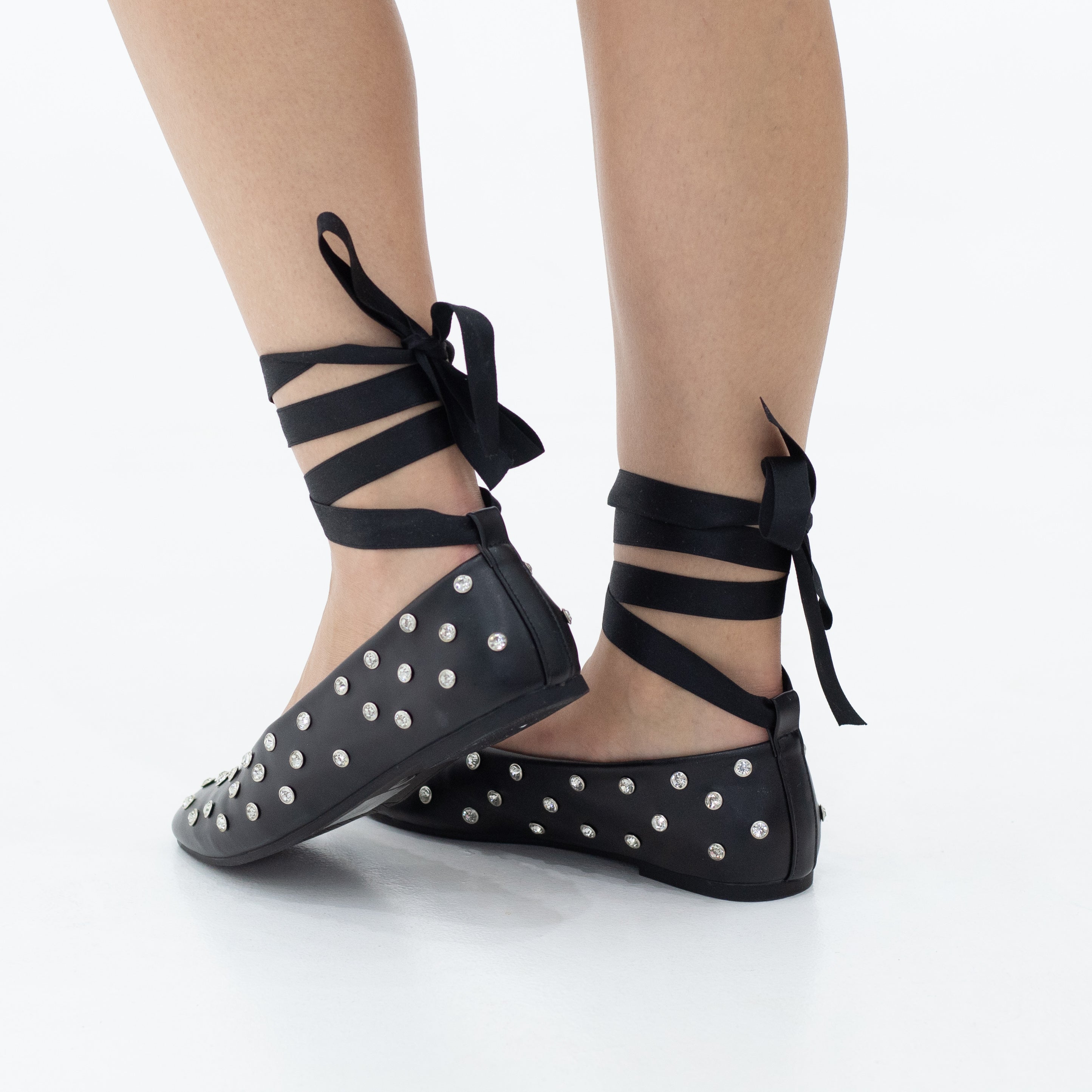 Emma tie-up studded flat pump with detachable ribbon