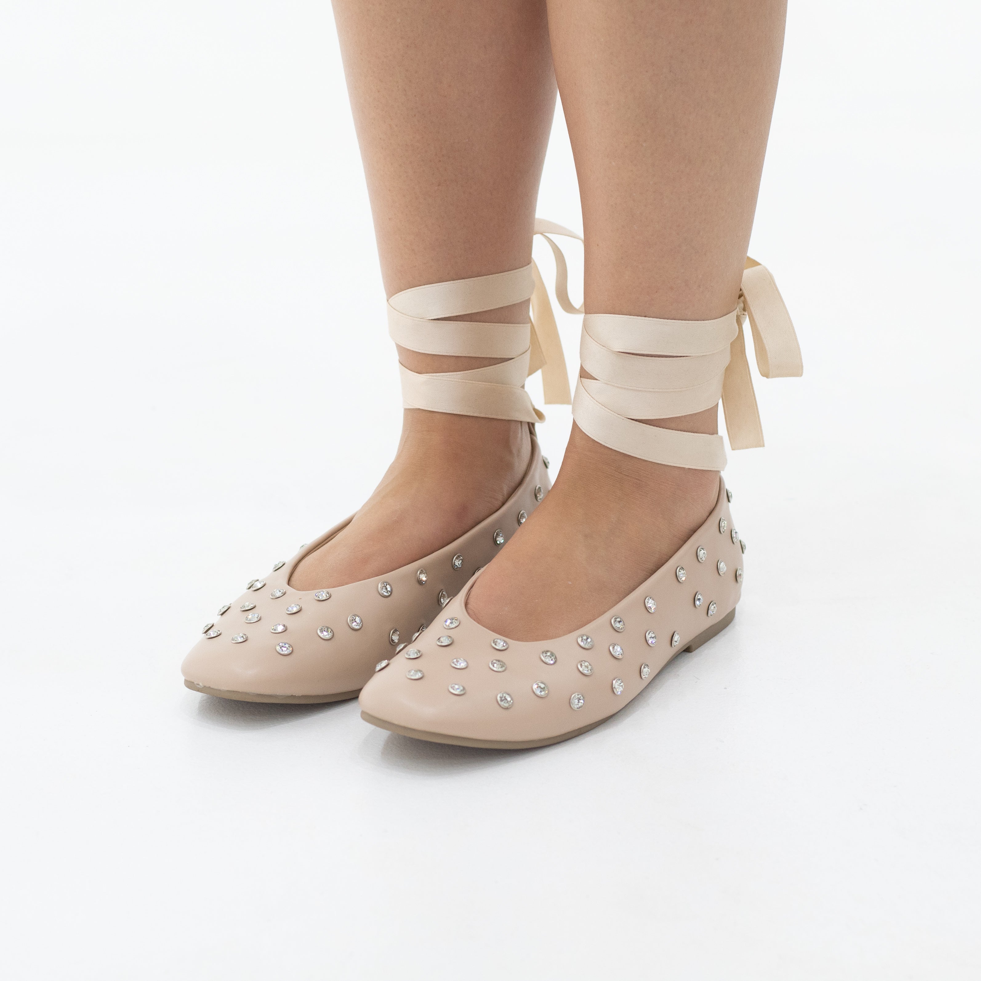 Emma tie-up studded flat pump with detachable ribbon