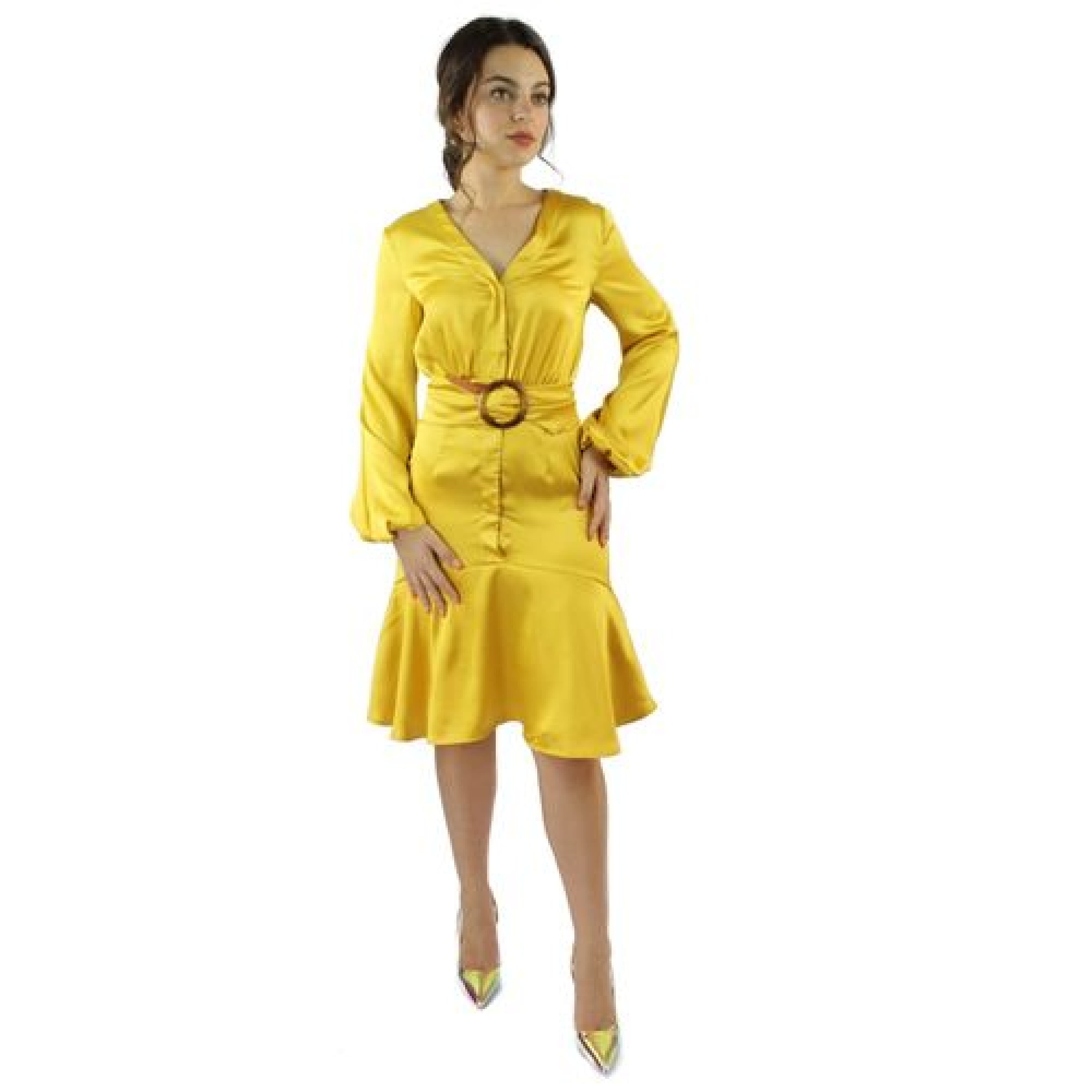 Liam mini french yellow dress with statement belt