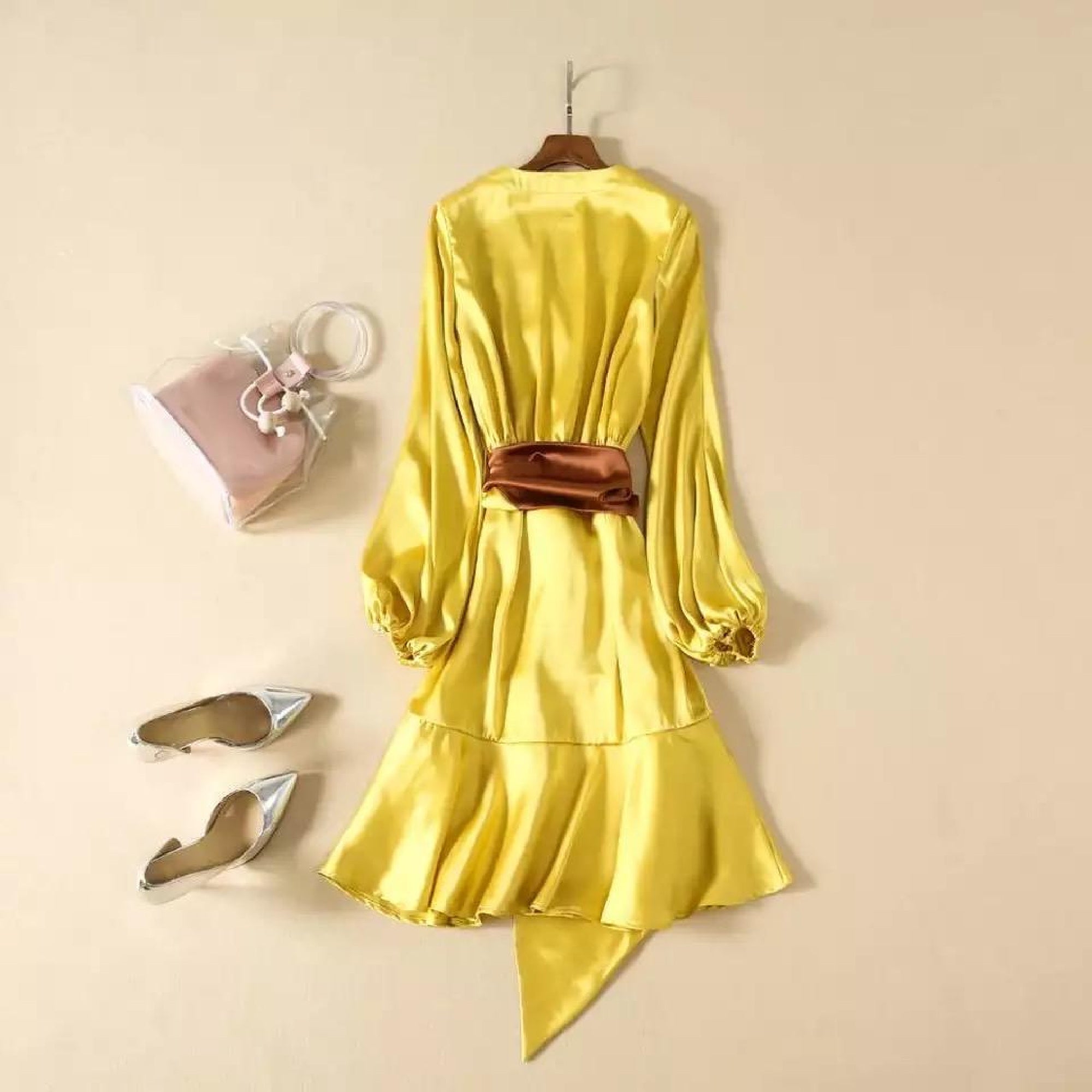 Liam mini french yellow dress with statement belt