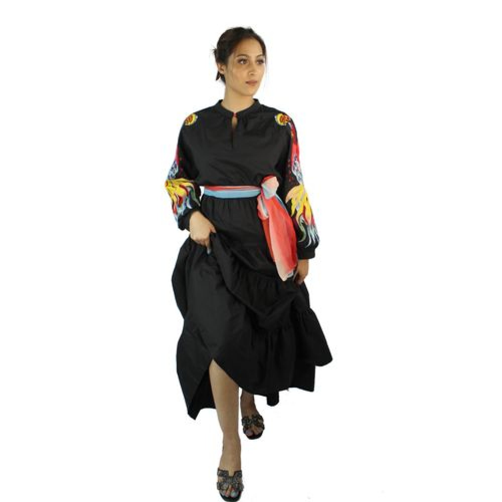 Peacock floral designer runway dress black