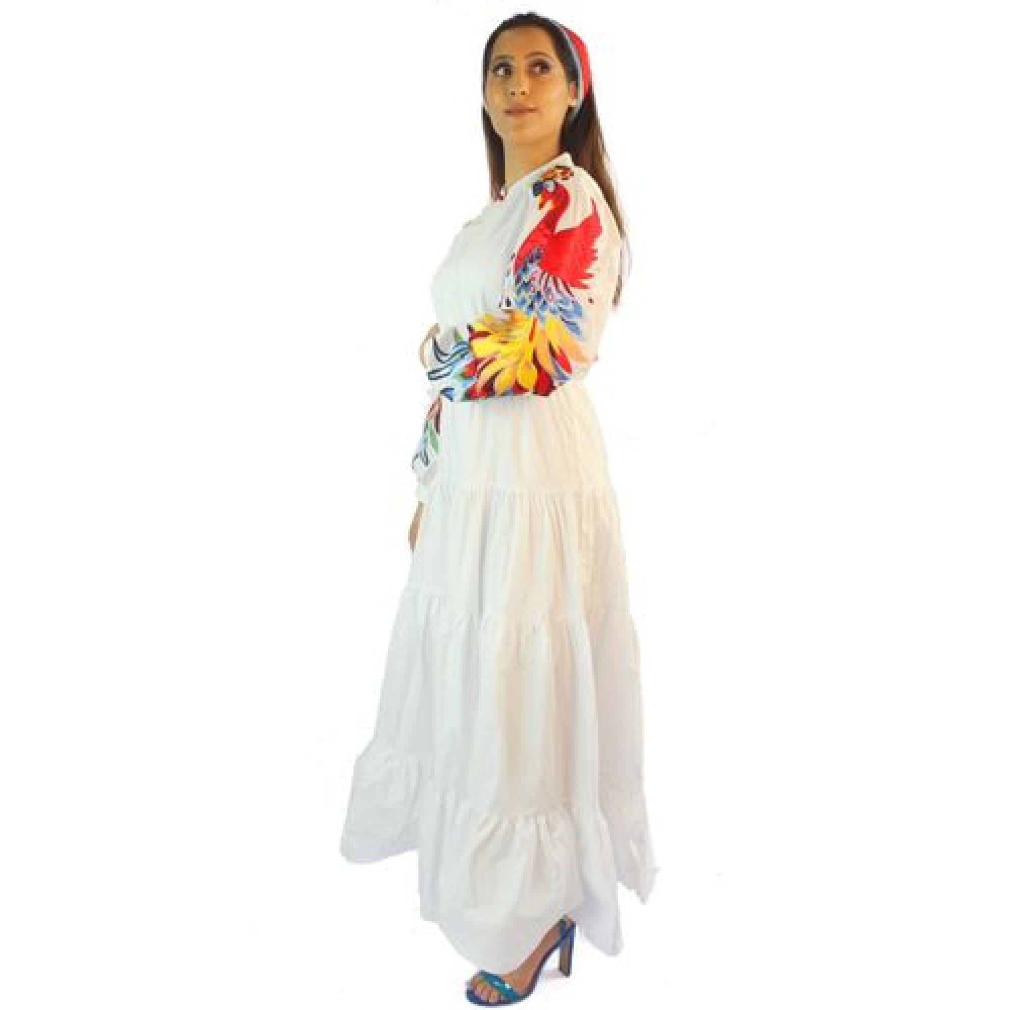 Peacock floral designer runway dress white