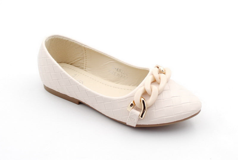 Anisa girls weaved pump with link trim nude